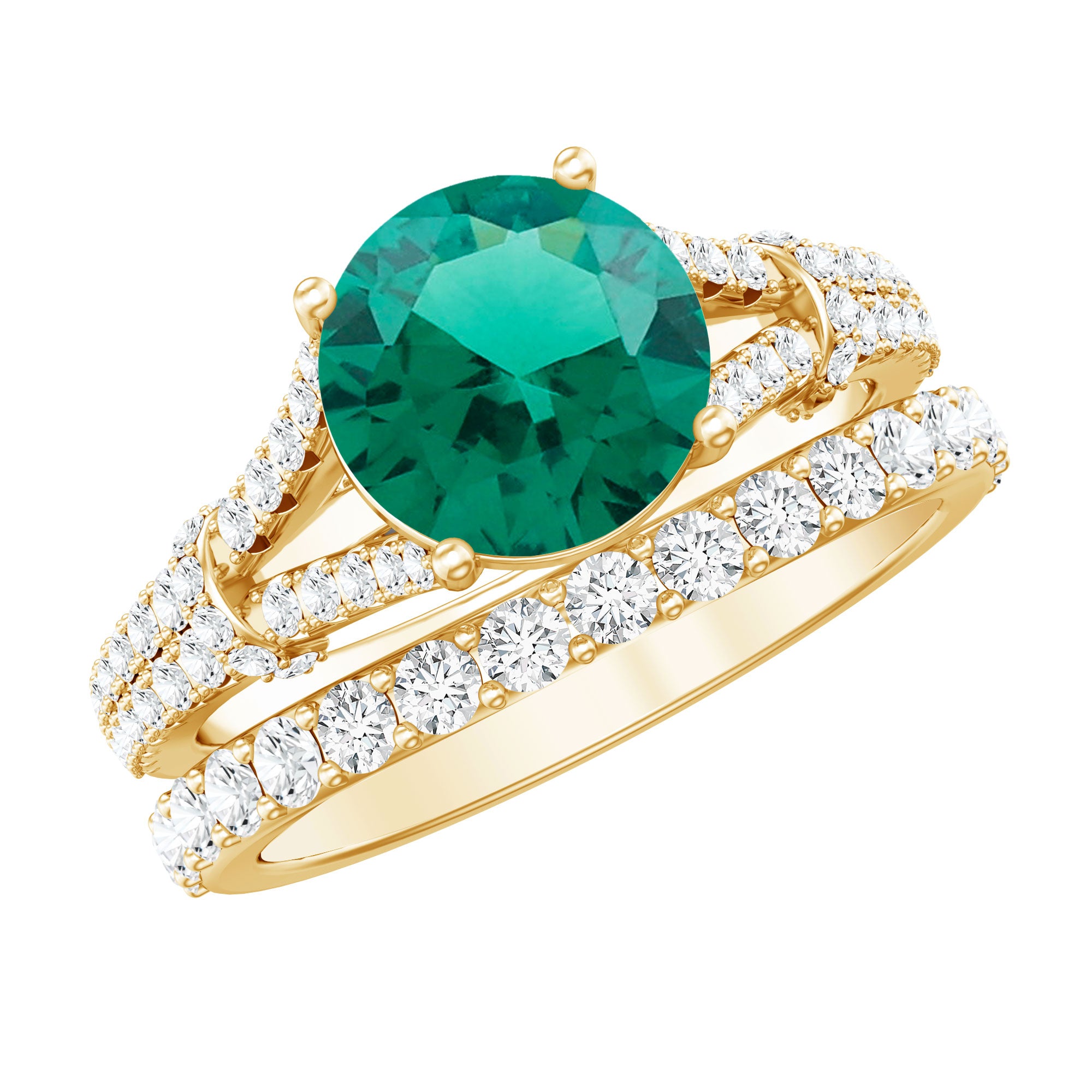 Designer Lab Grown Emerald Engagement Ring with Wedding Band AAAA - Rosec Jewels
