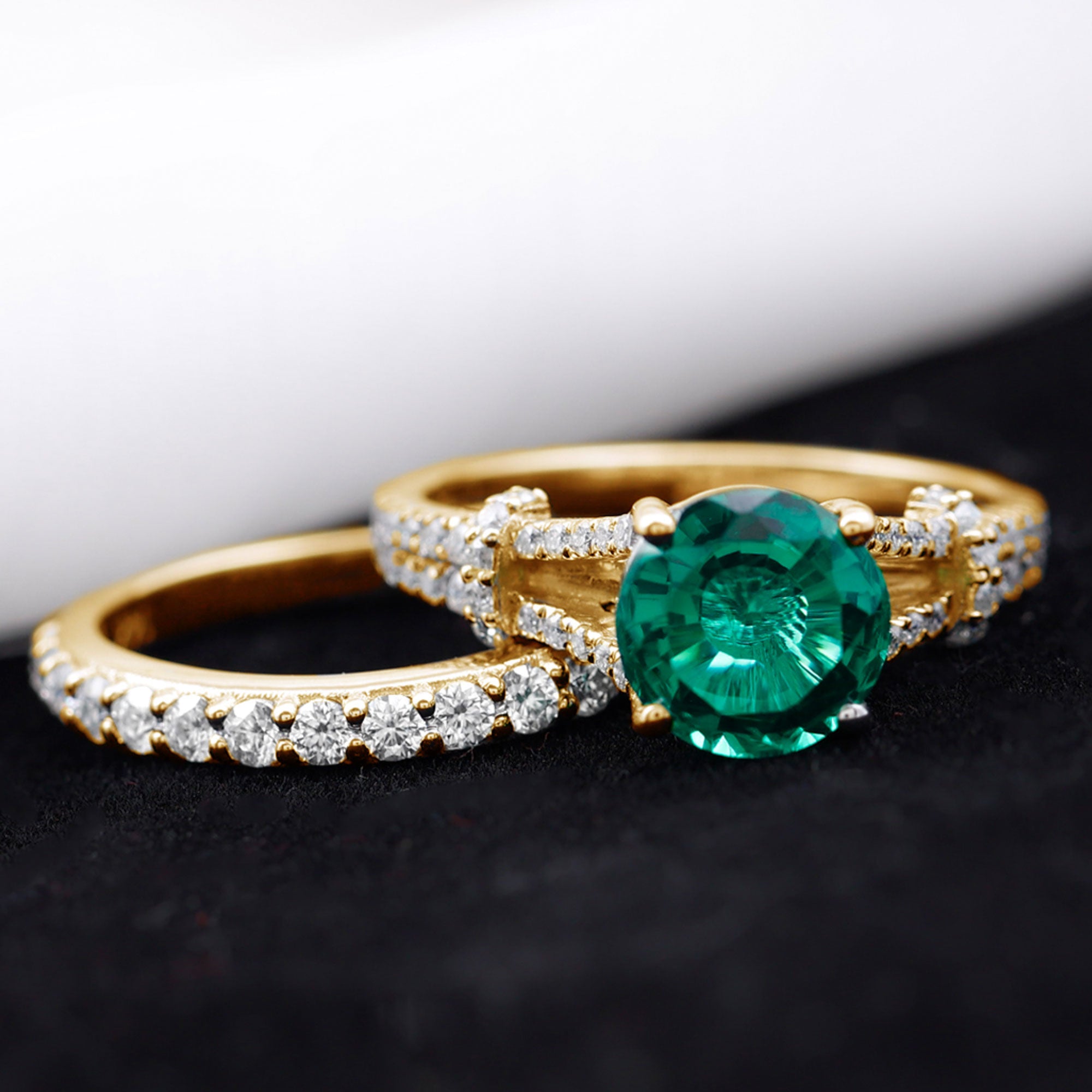 Designer Lab Grown Emerald Engagement Ring with Wedding Band AAAA - Rosec Jewels