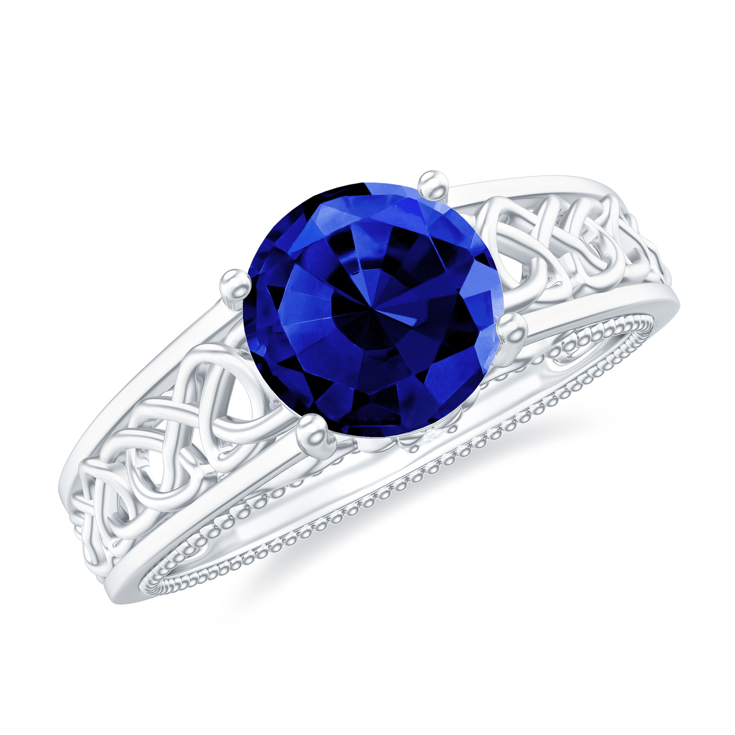 Vintage Style Lab Grown Blue Sapphire Celtic Engagement Ring with Diam Rosec Jewels UK