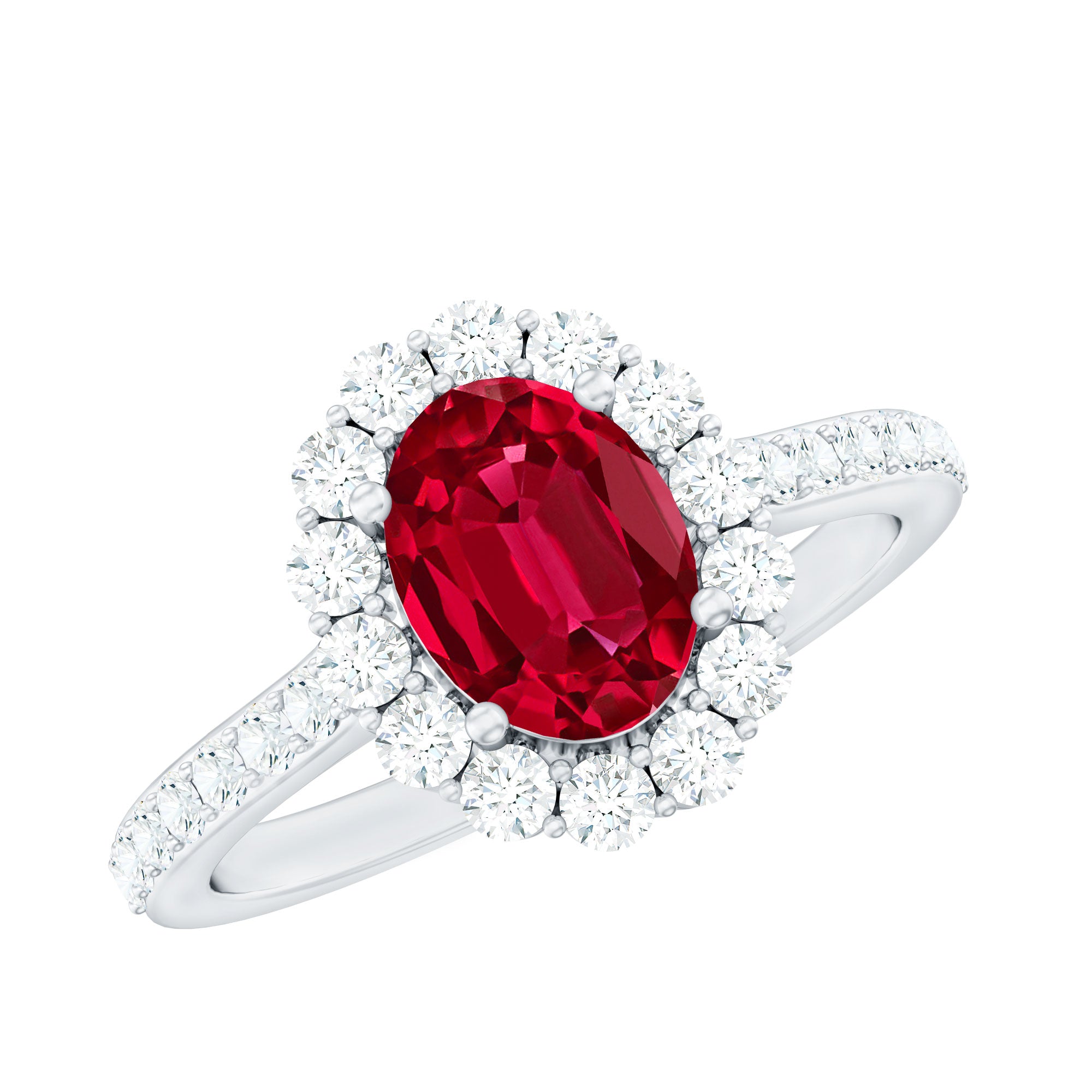 2.75 CT Oval Cut Created Ruby Ring with Moissanite Halo