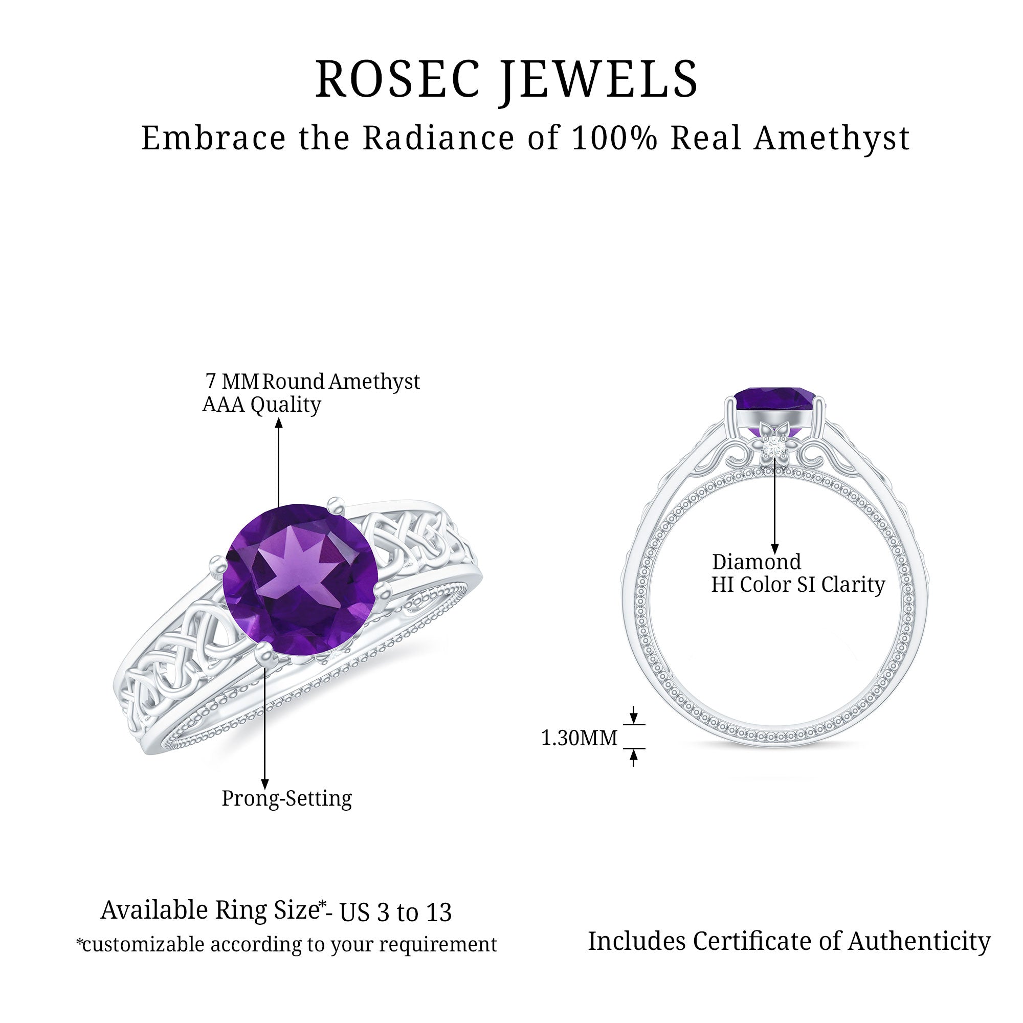 Vintage Looking 1.2 Carat Amethyst Celtic Engagement Ring with Surprise Diamond AAA - Rosec Jewels