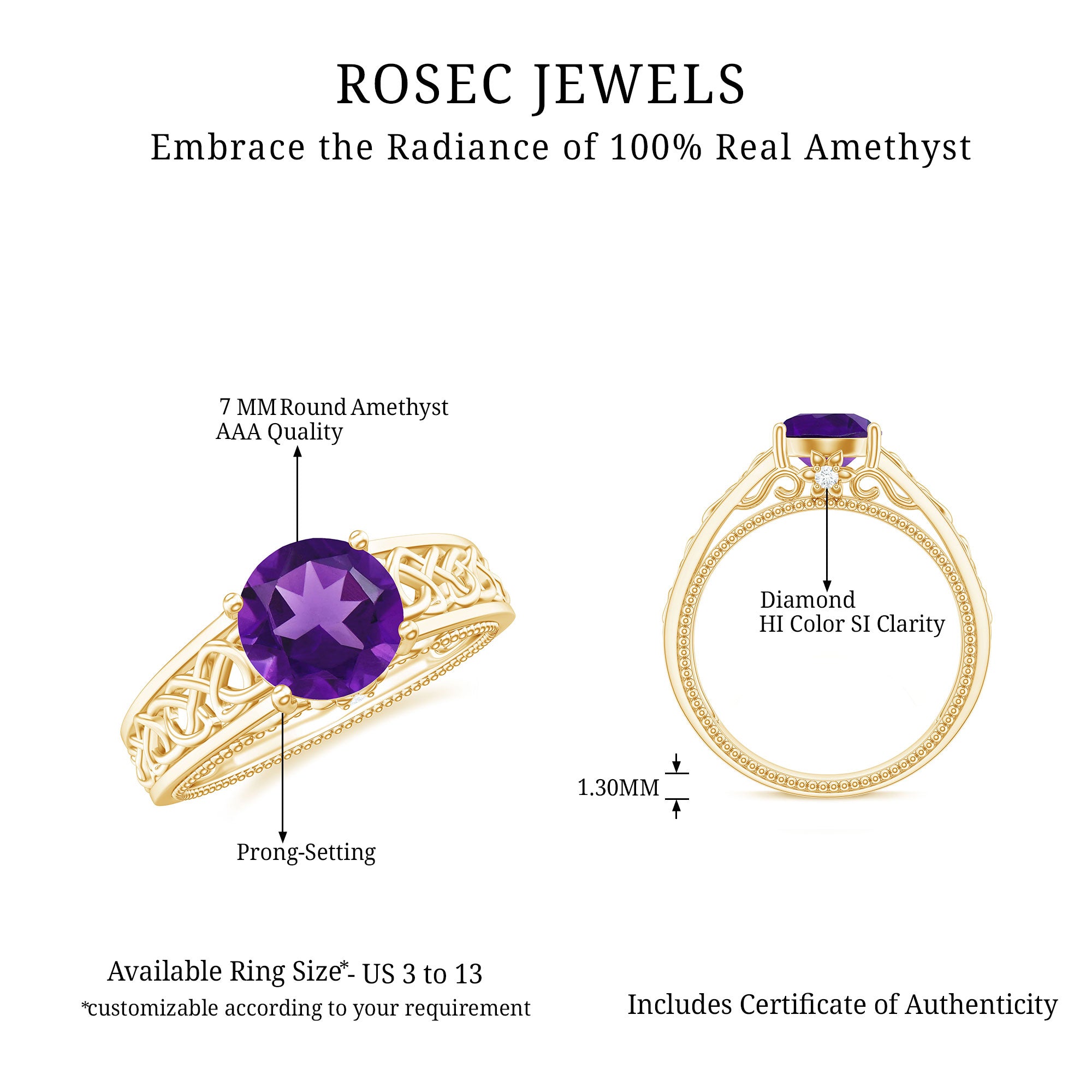 Vintage Looking 1.2 Carat Amethyst Celtic Engagement Ring with Surprise Diamond AAA - Rosec Jewels