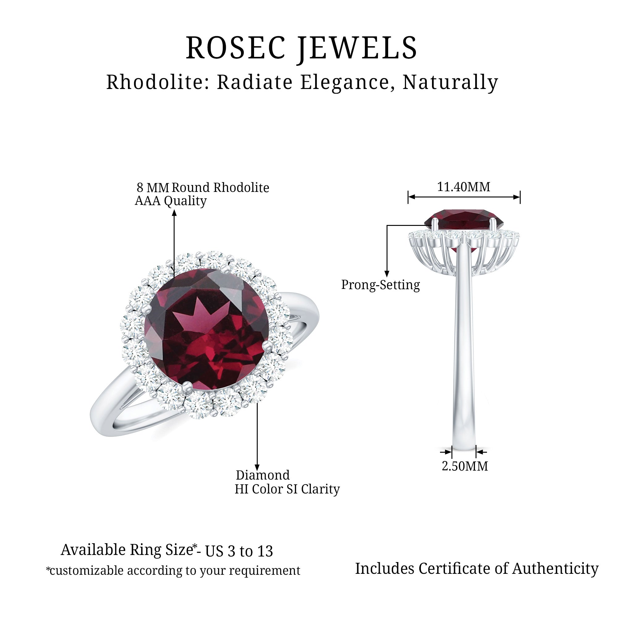 Rhodolite Engagement Ring with Diamond Halo Rhodolite - ( AAA ) - Quality - Rosec Jewels