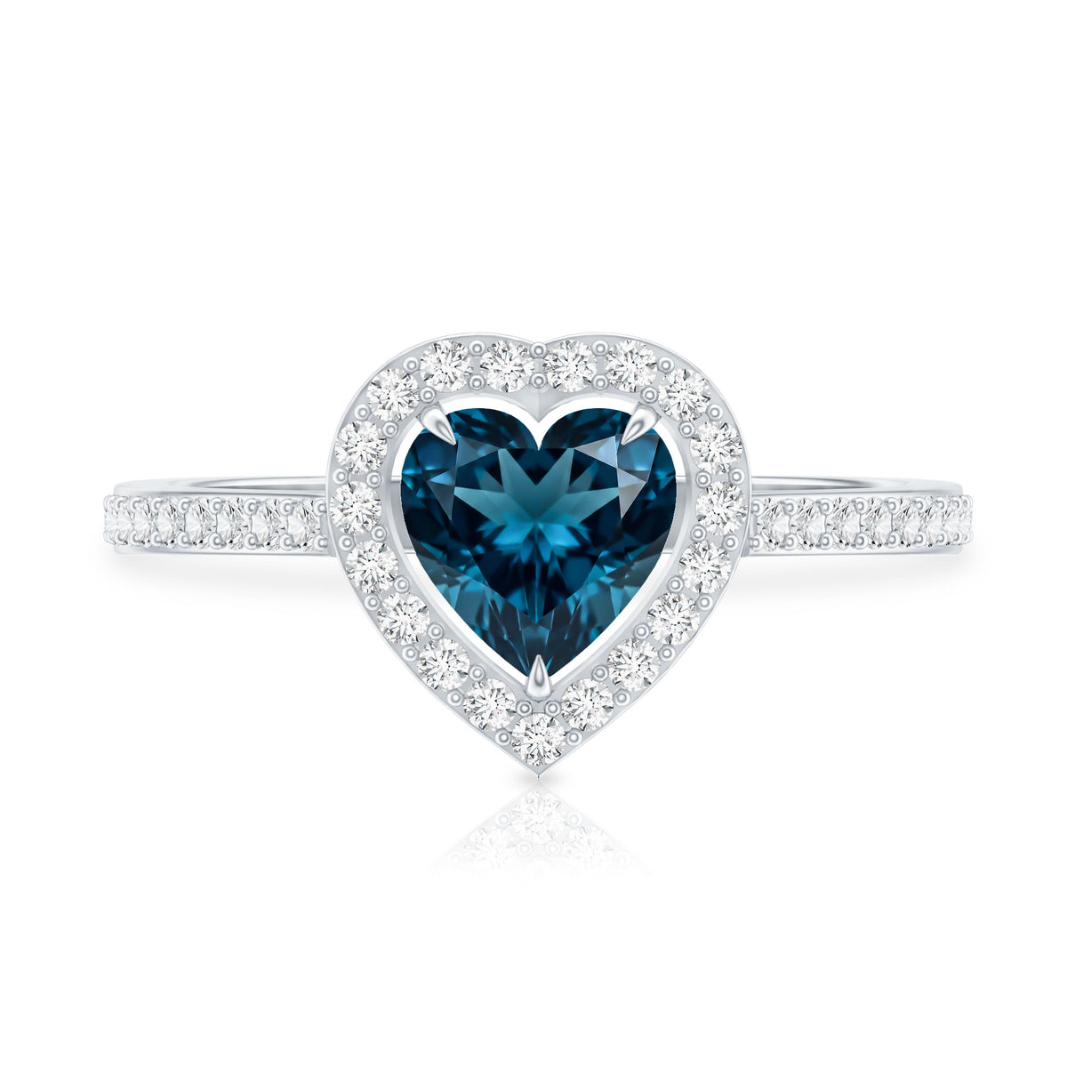 Heart Shaped London Blue Topaz Engagement Ring with Diamond Halo AAA - Rosec Jewels