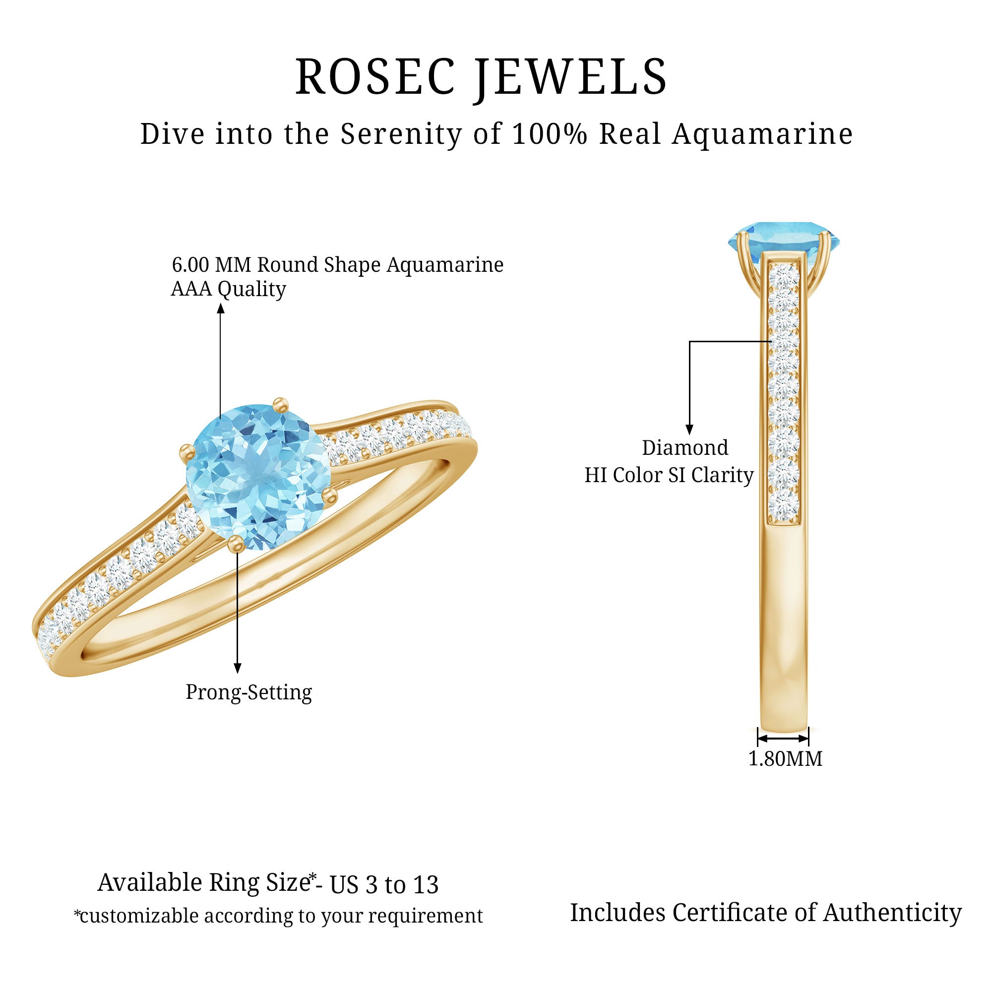 Certified Real Aquamarine Solitaire Ring with Diamond Side Stones AAA - Rosec Jewels