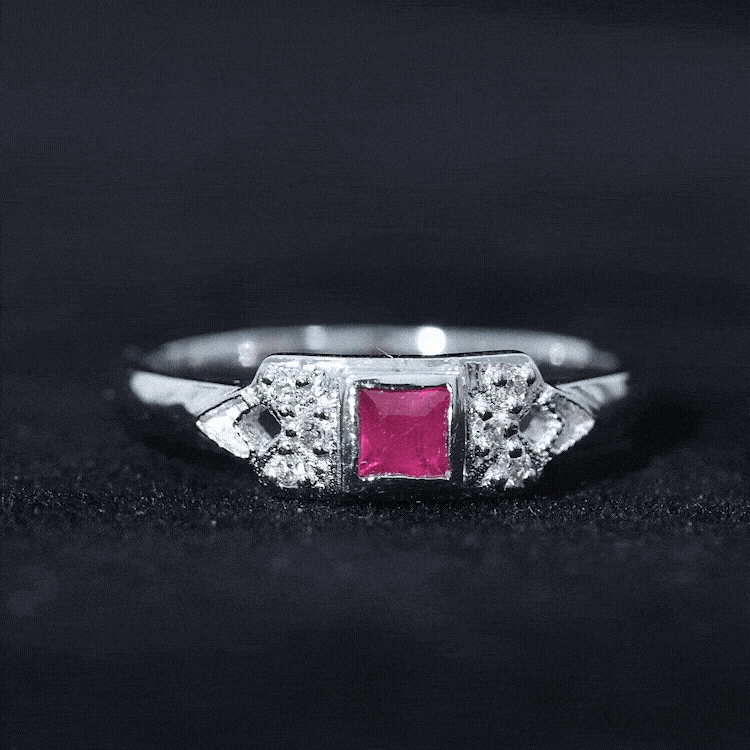 Art Deco Princess Cut Ruby Promise Ring with Diamond AAA - Rosec Jewels