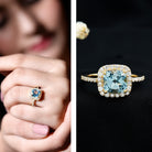 Rosec Jewels-Cushion Cut Sky Blue Topaz and Diamond Halo Engagement Ring