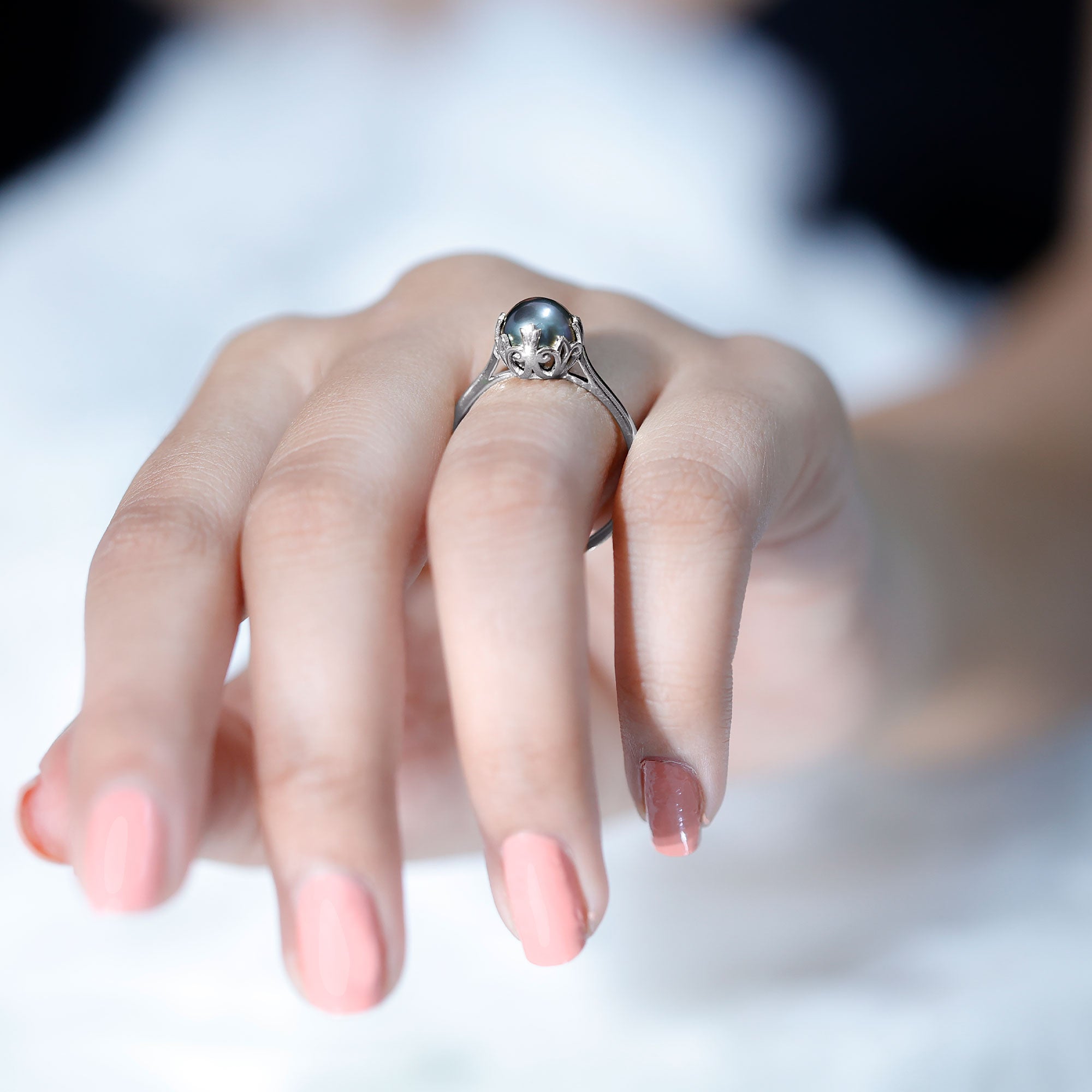Handpicked Genuine Black Tahitian Pearl Engagement Ring AAA - Rosec Jewels