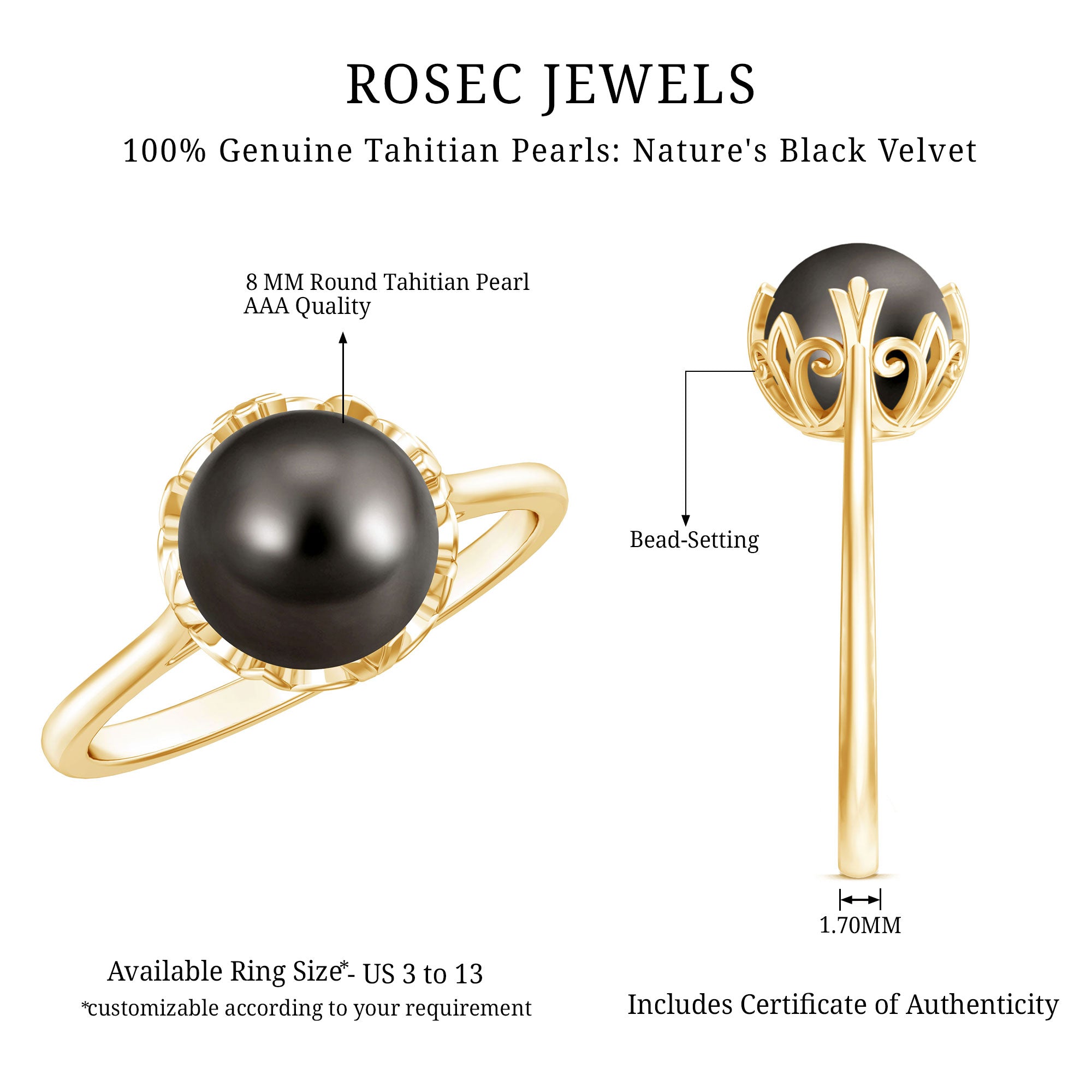 Handpicked Genuine Black Tahitian Pearl Engagement Ring AAA - Rosec Jewels