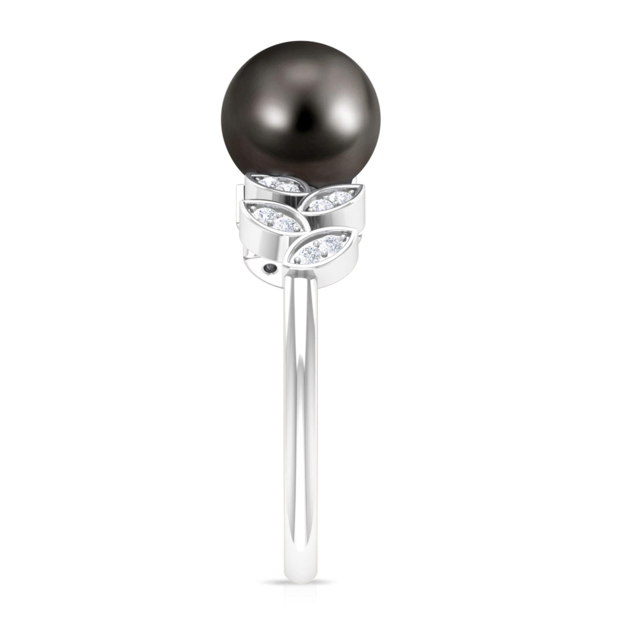 Tahitian Black Pearl and Diamond Leaf Minimal Engagement Ring AAA - Rosec Jewels