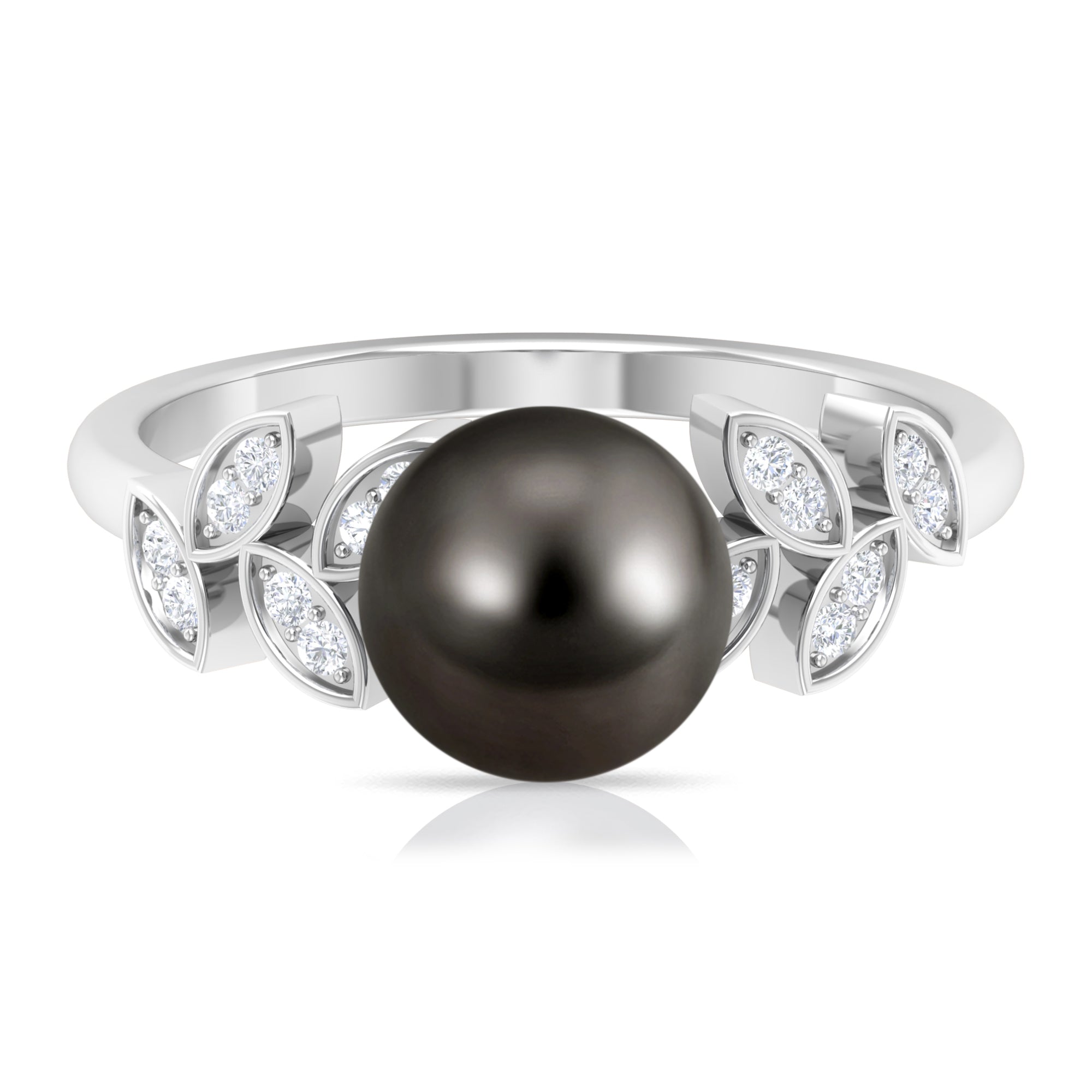 Tahitian Black Pearl and Diamond Leaf Minimal Engagement Ring AAA - Rosec Jewels