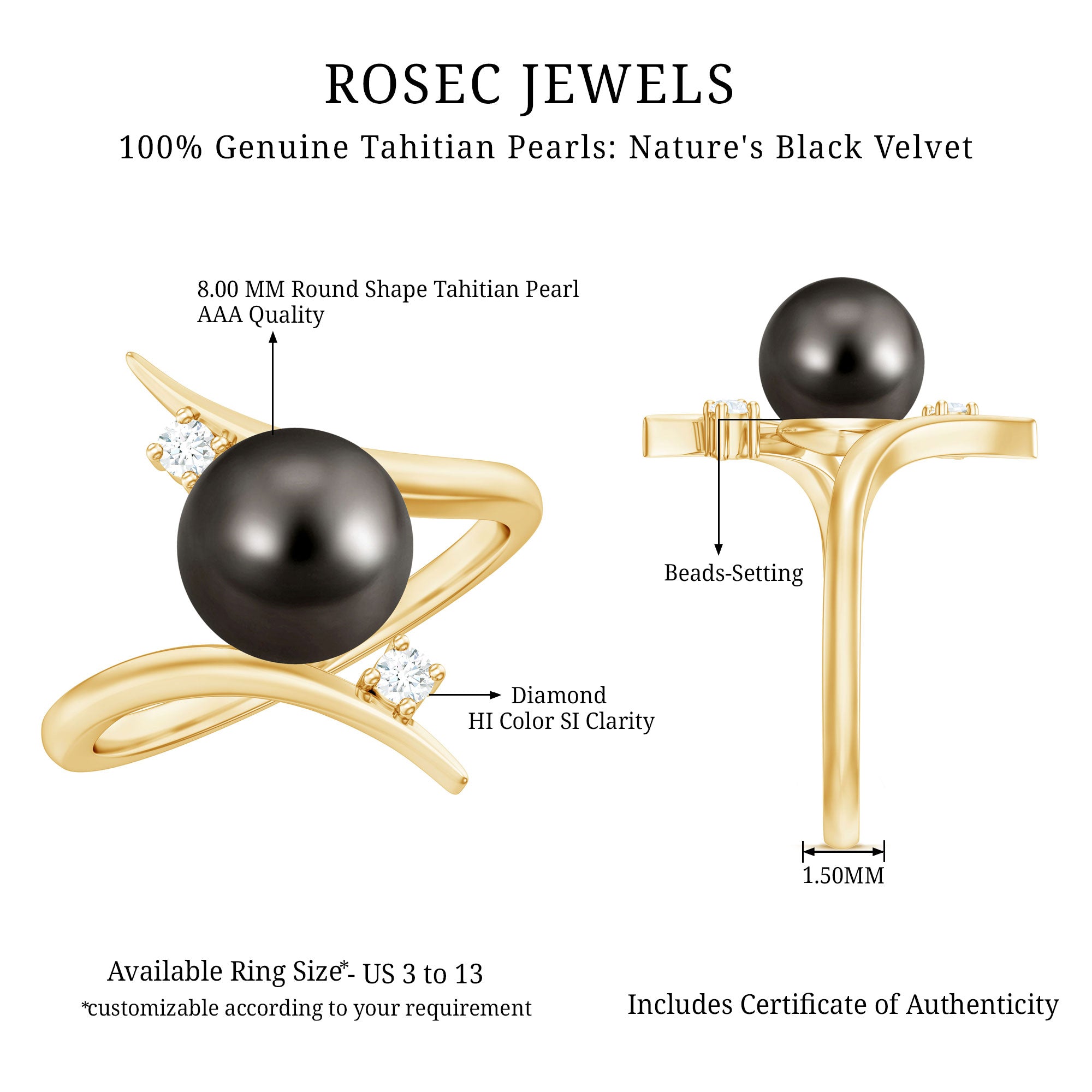 Rosec Jewels-Tahitian Black Pearl Bypass Engagement Ring with Diamond