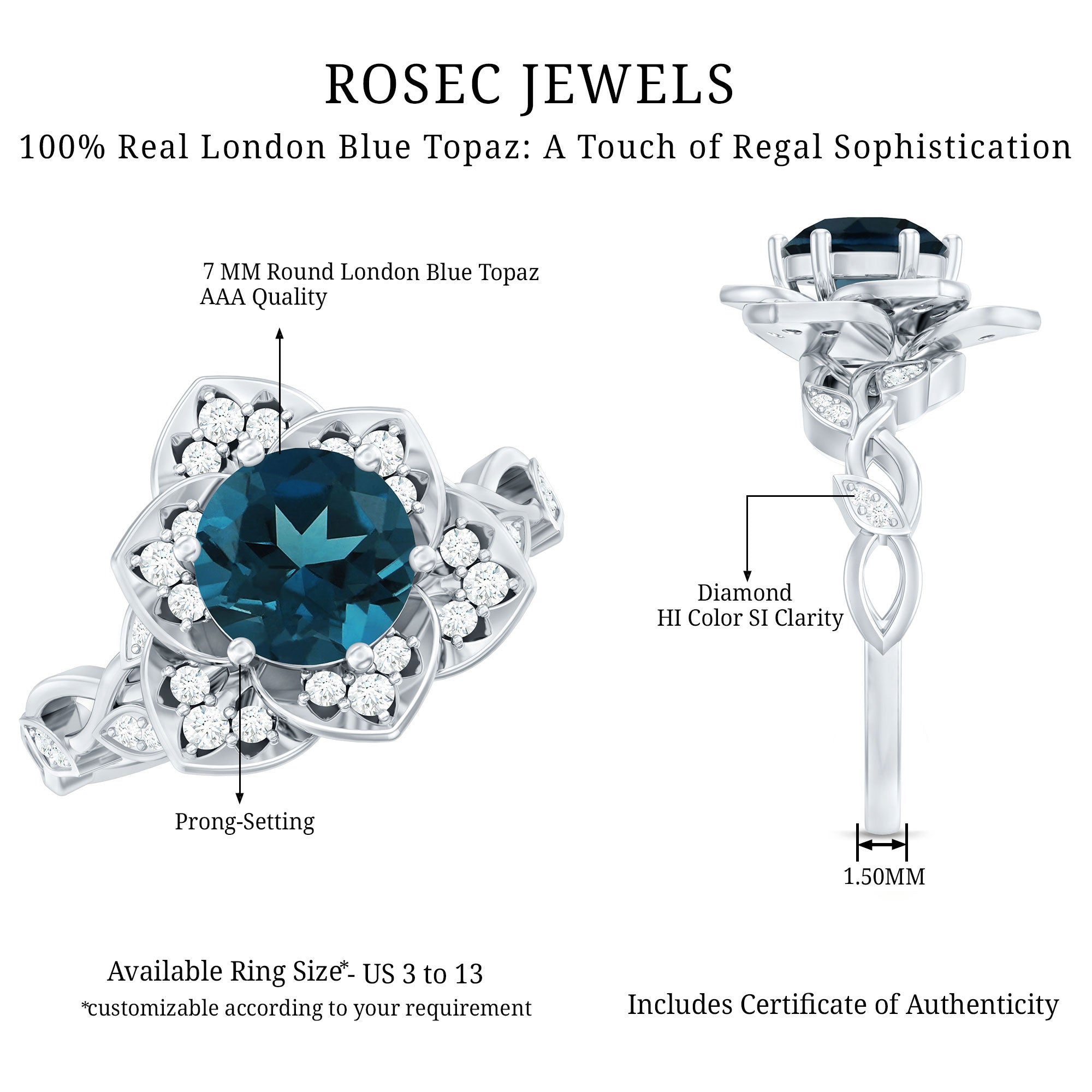 London Blue Topaz and Diamond Cocktail Flower Engagement Ring AAA - Rosec Jewels