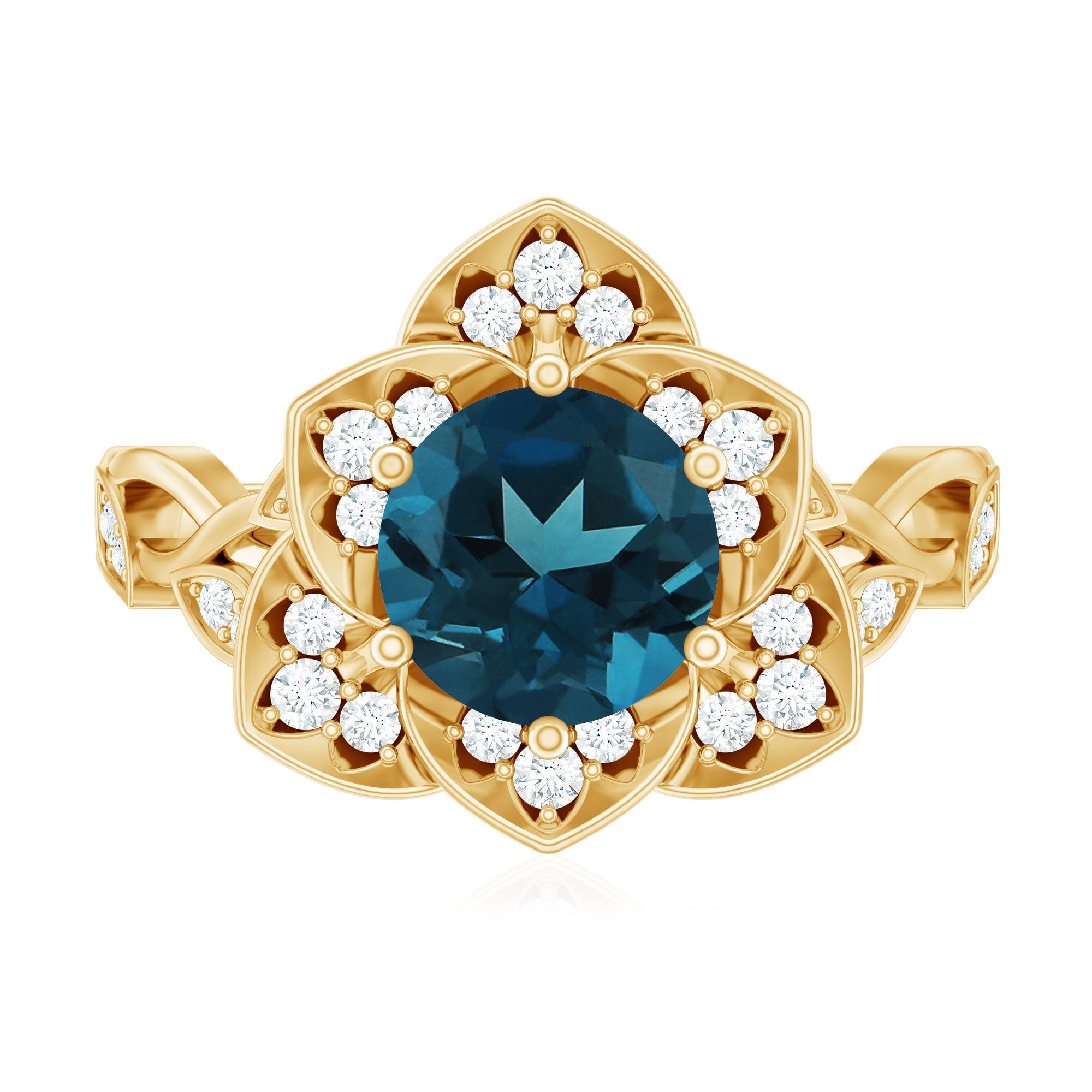 London Blue Topaz and Diamond Cocktail Flower Engagement Ring AAA - Rosec Jewels