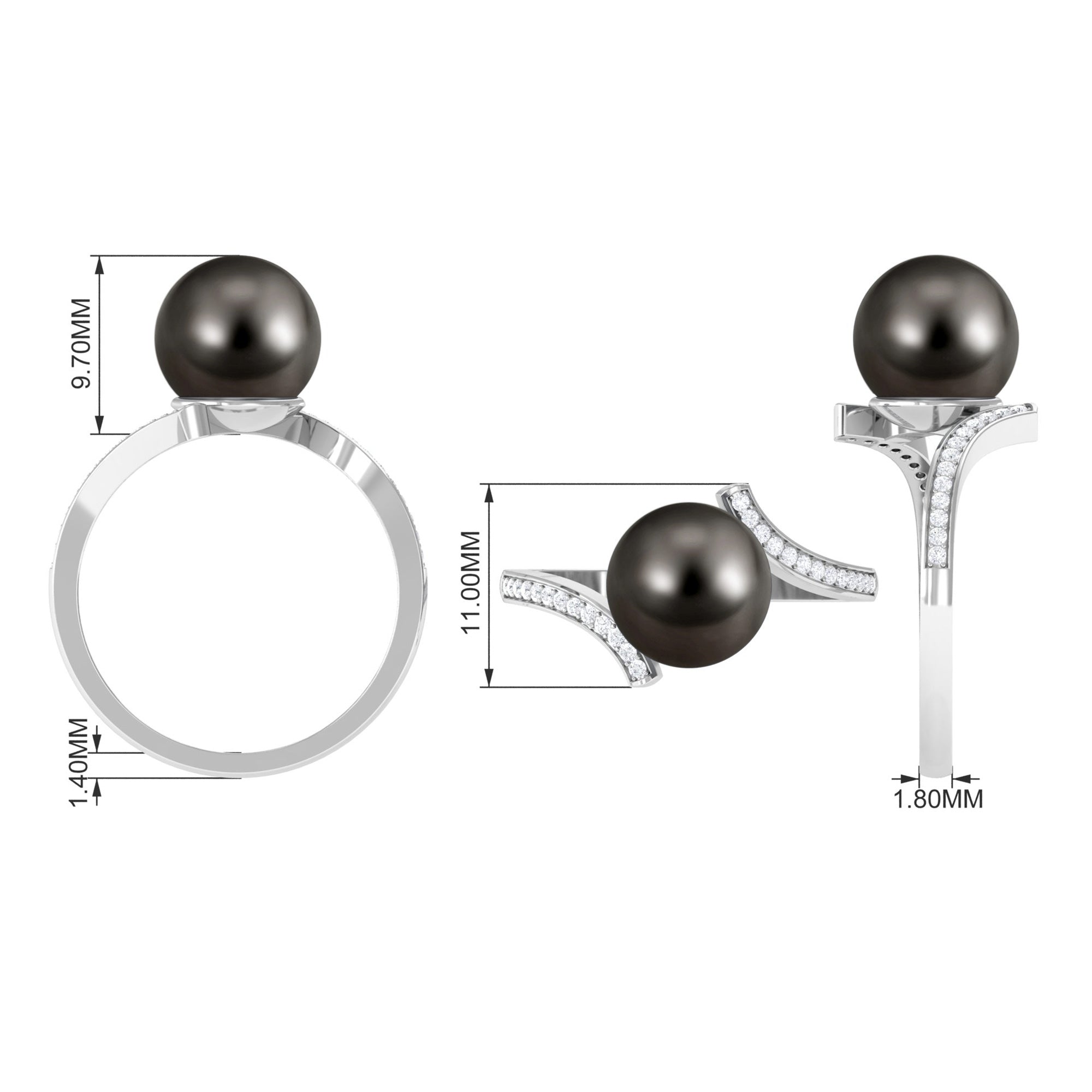 Tahitian Pearl Bypass Engagement Ring with Diamond AAA - Rosec Jewels