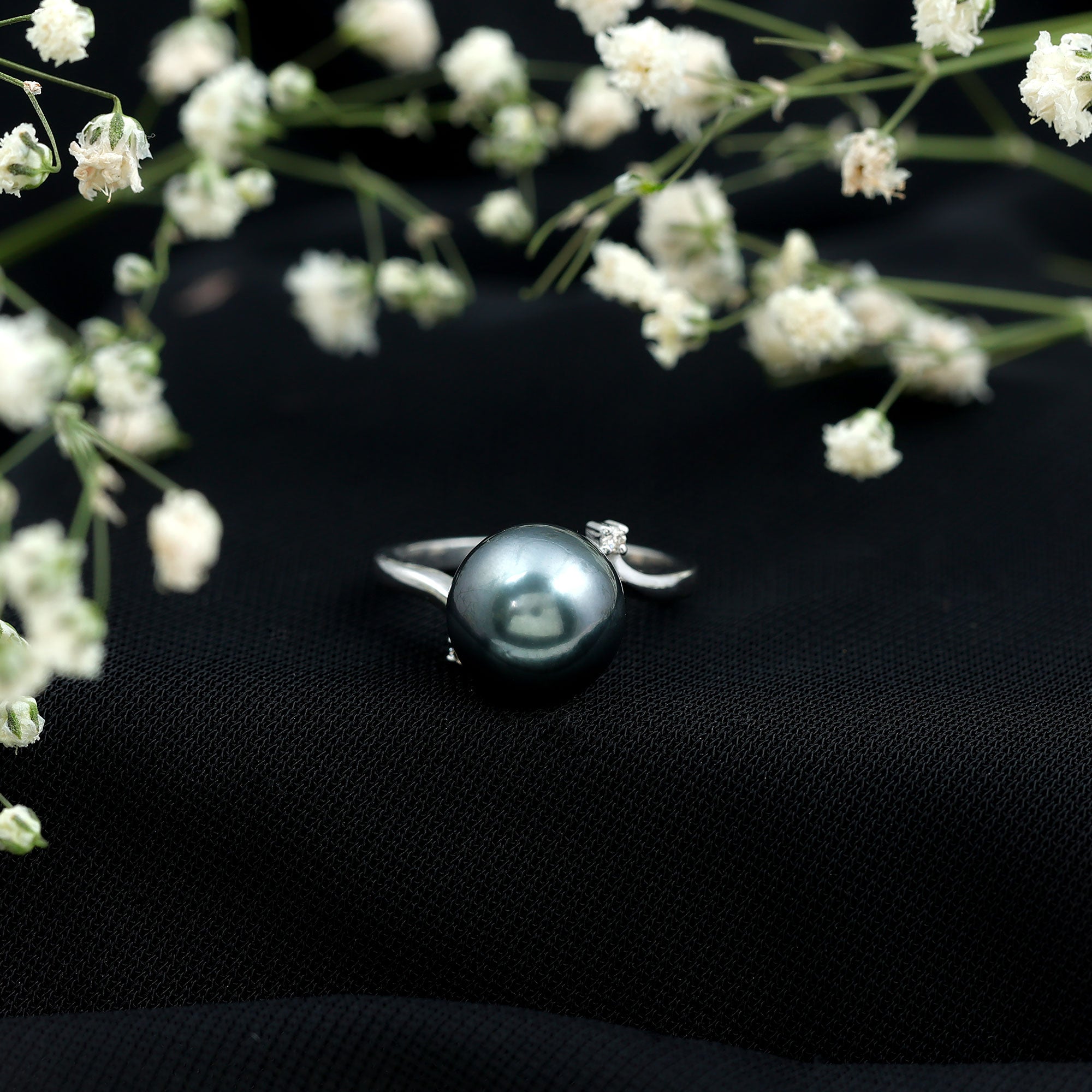 7.5 Carat Solitaire Tahitian Pearl Bypass Engagement Ring with Diamond AAA - Rosec Jewels
