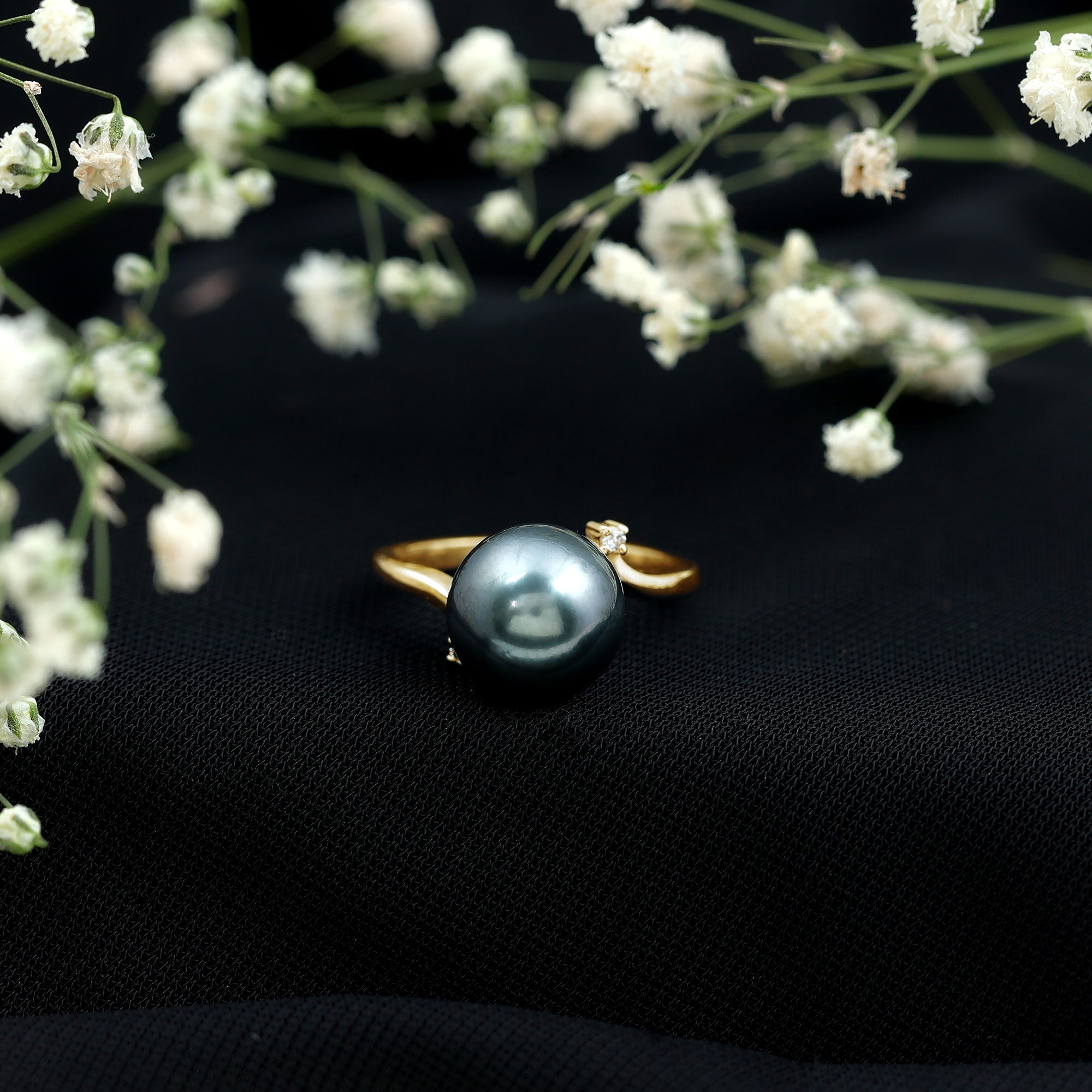 7.5 Carat Solitaire Tahitian Pearl Bypass Engagement Ring with Diamond AAA - Rosec Jewels