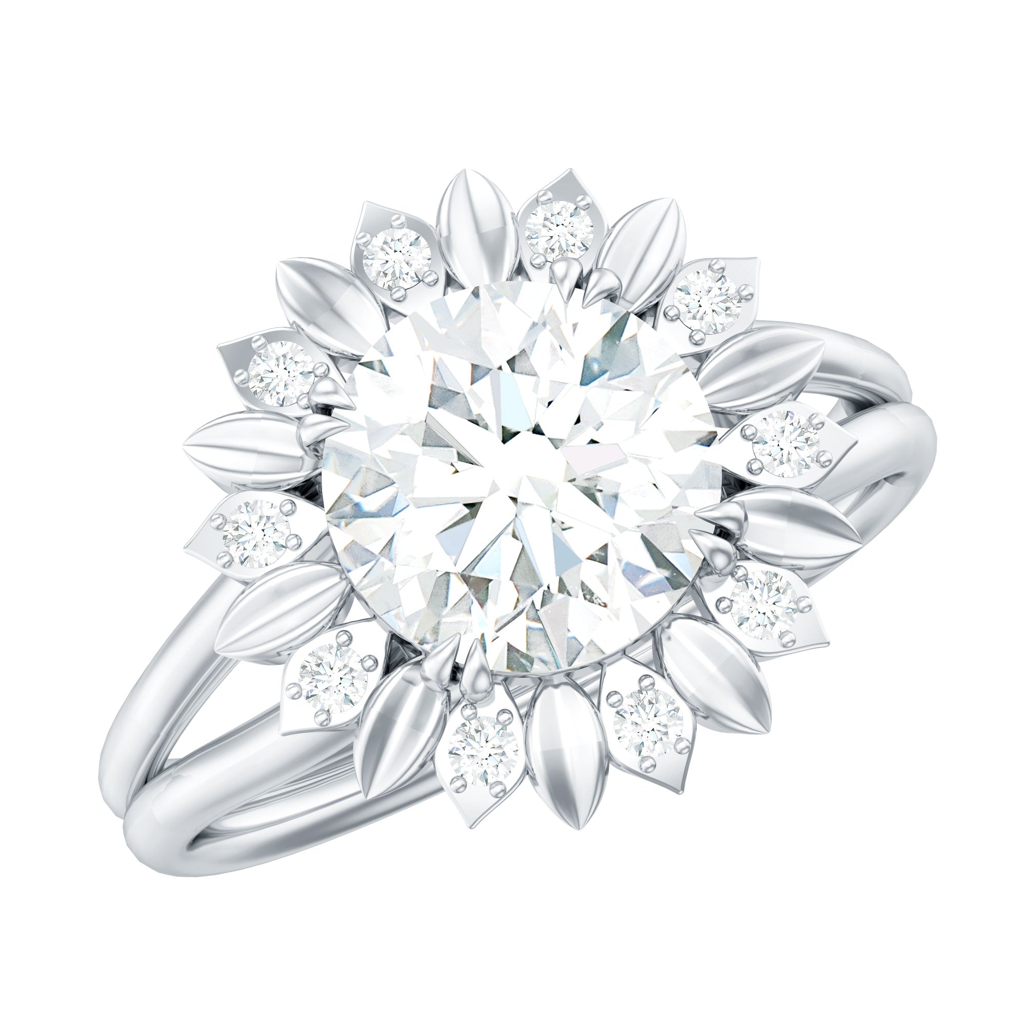 Round Cut Solitaire Zircon Gold Flower Engagement Ring in Split Shank AAAA - Rosec Jewels