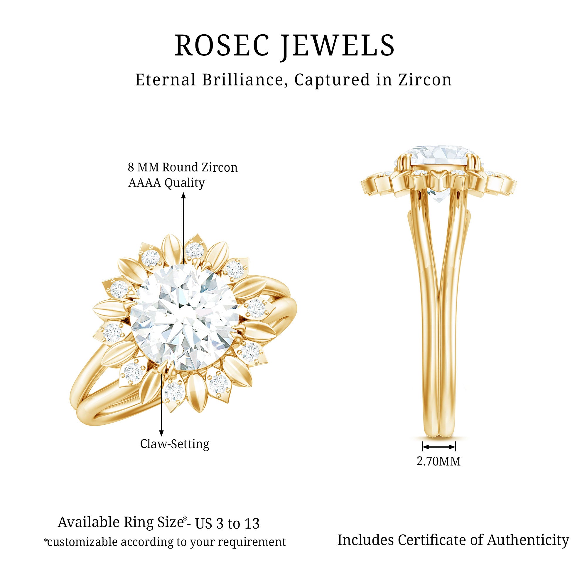 Round Cut Solitaire Zircon Gold Flower Engagement Ring in Split Shank AAAA - Rosec Jewels