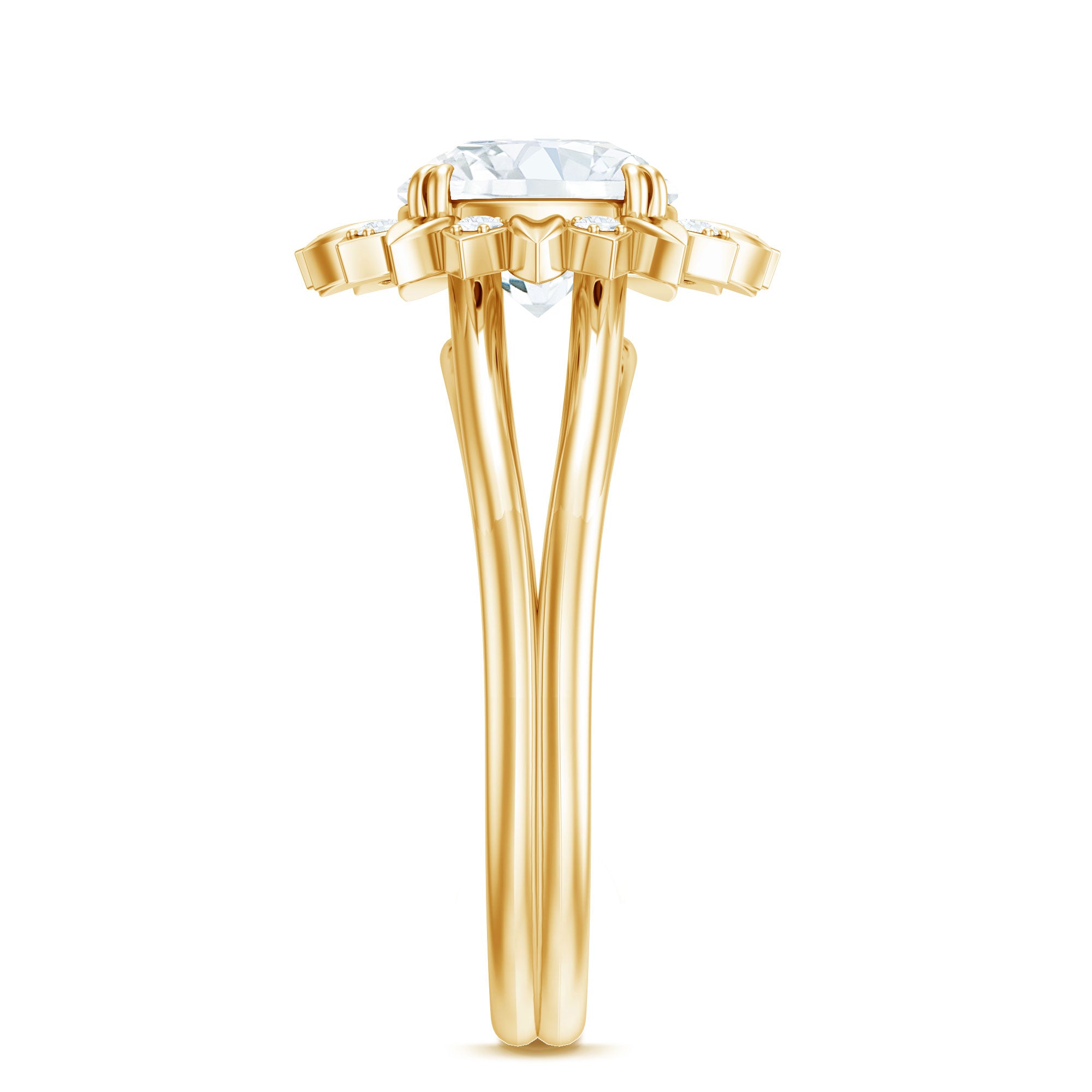 Round Cut Solitaire Zircon Gold Flower Engagement Ring in Split Shank AAAA - Rosec Jewels