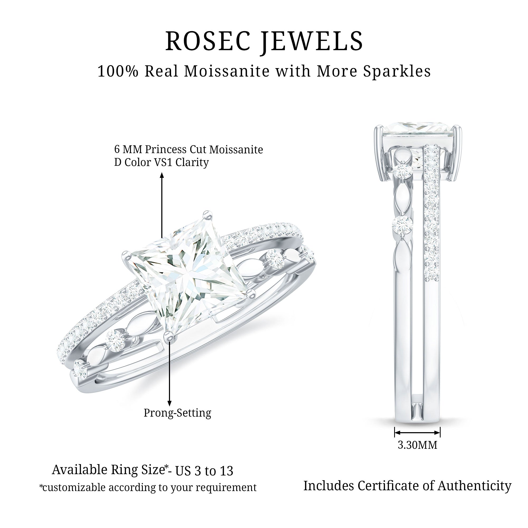 Moissanite Square Cut Engagement Ring With Certificate D-VS1 - Rosec Jewels