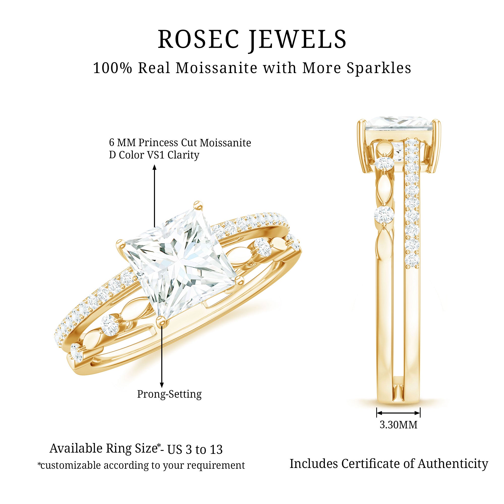 Moissanite Square Cut Engagement Ring With Certificate D-VS1 - Rosec Jewels