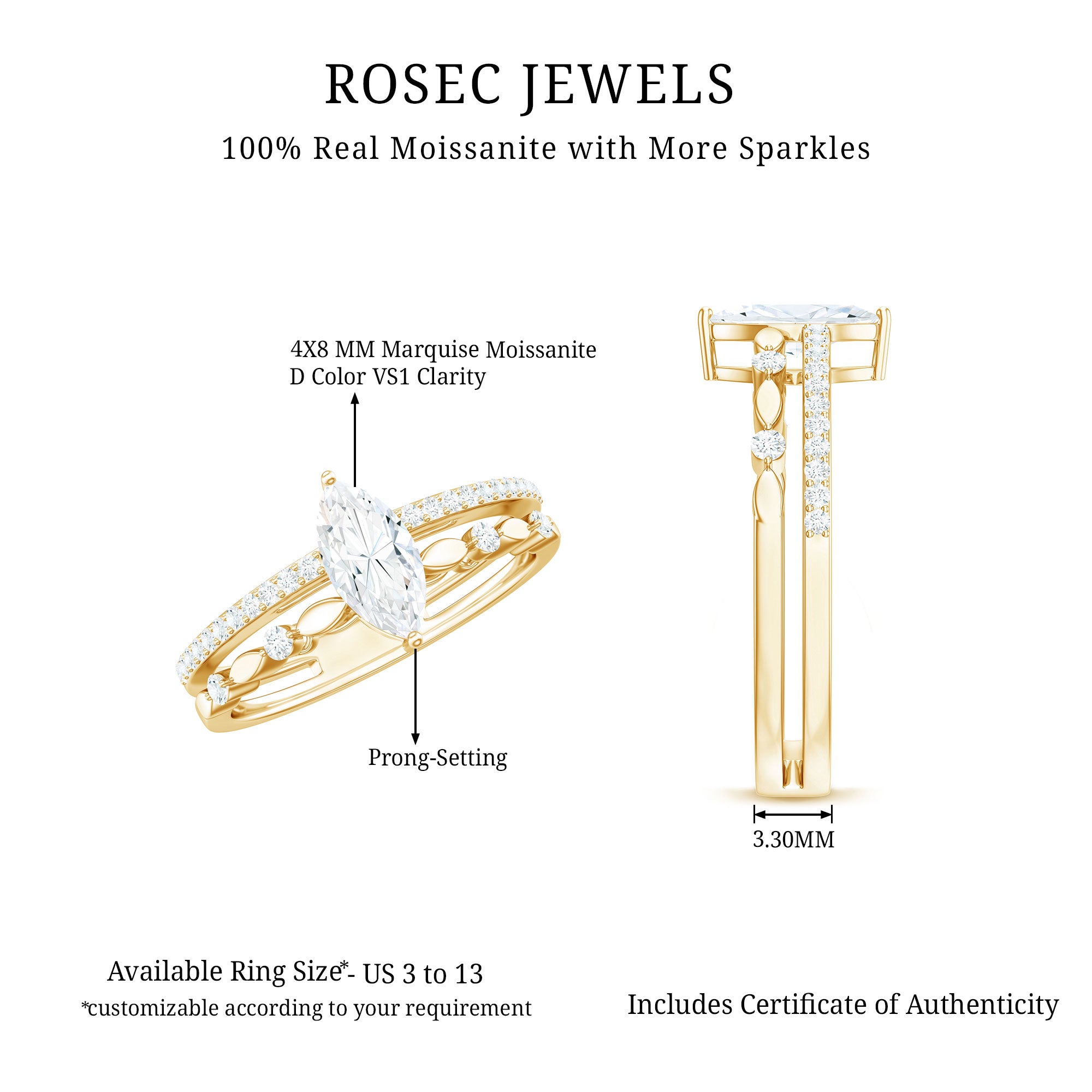 Certified Brilliant Cut Moissanite Marquise Cut Engagement Ring D-VS1 - Rosec Jewels