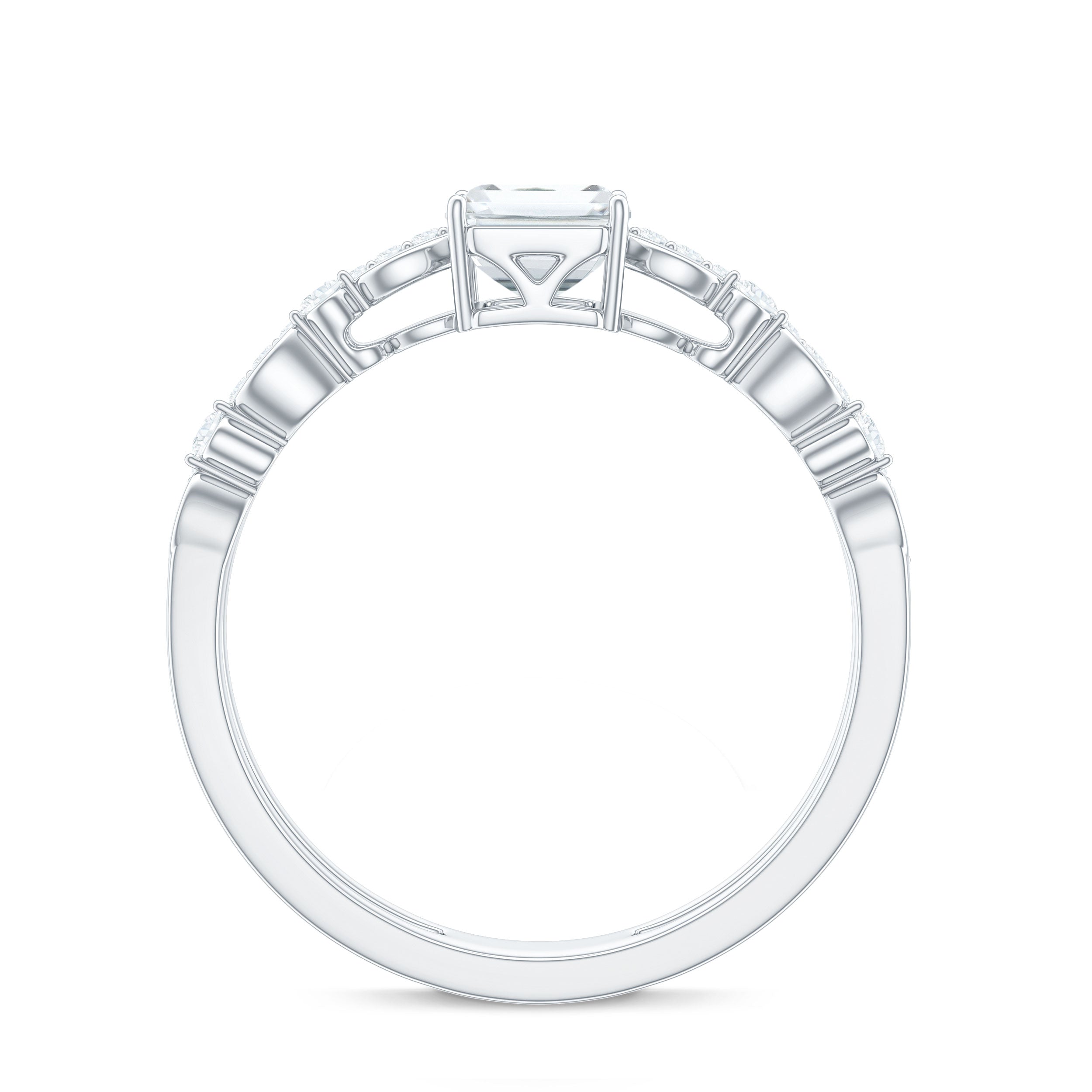 Rosec Jewels-6X8 mm Emerald Cut Moissanite Solitaire Engagement Double Band Ring