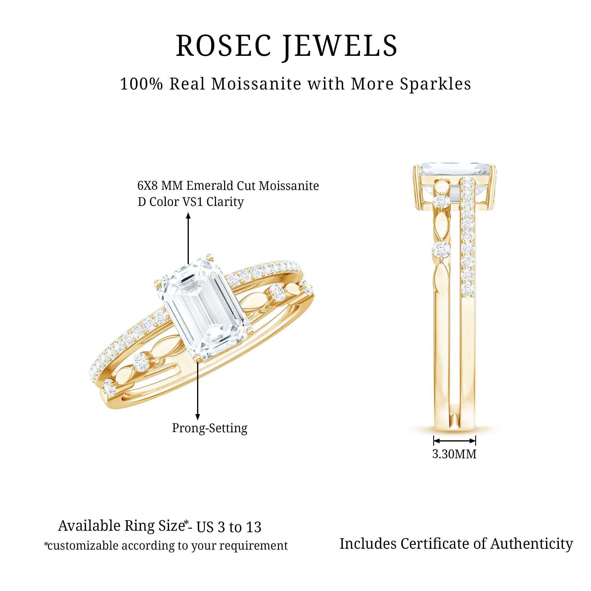 Rosec Jewels-6X8 mm Emerald Cut Moissanite Solitaire Engagement Double Band Ring