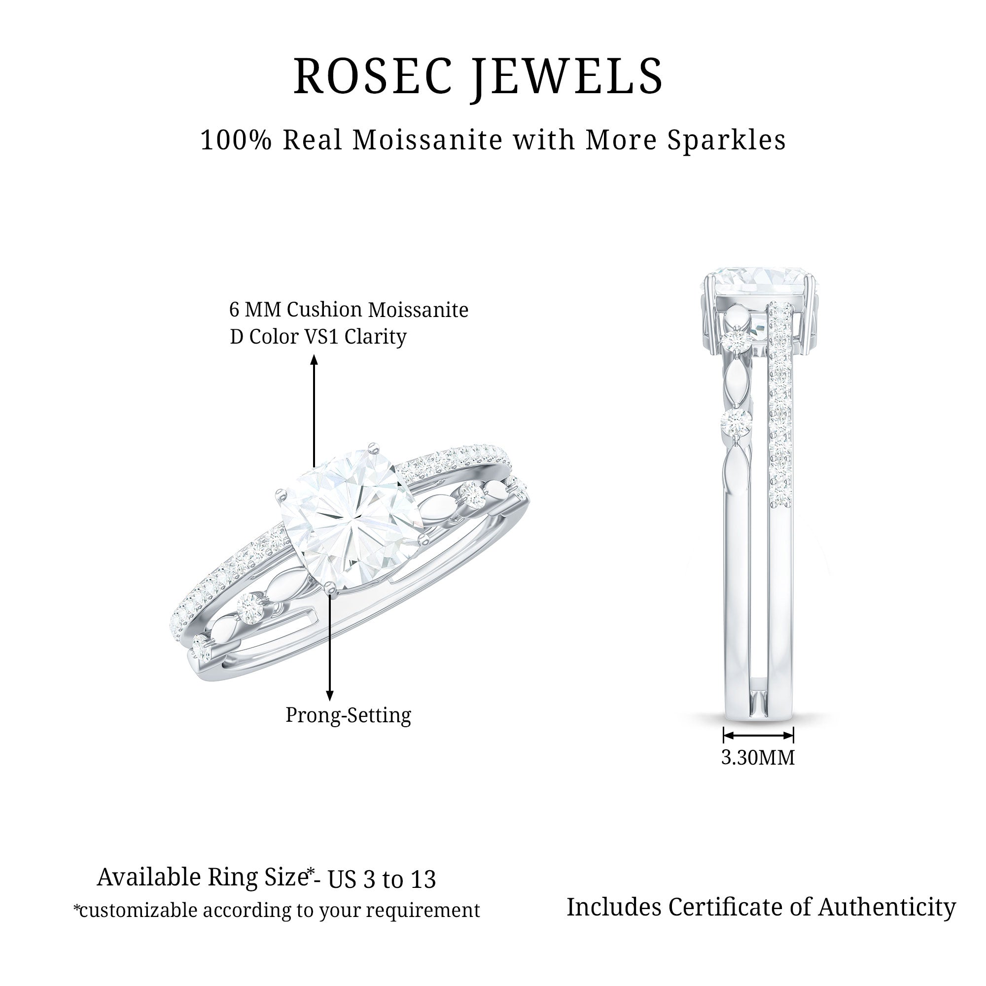 6mm Cushion Cut Moissanite Solitaire Double Band Engagement Ring D-VS1 - Rosec Jewels