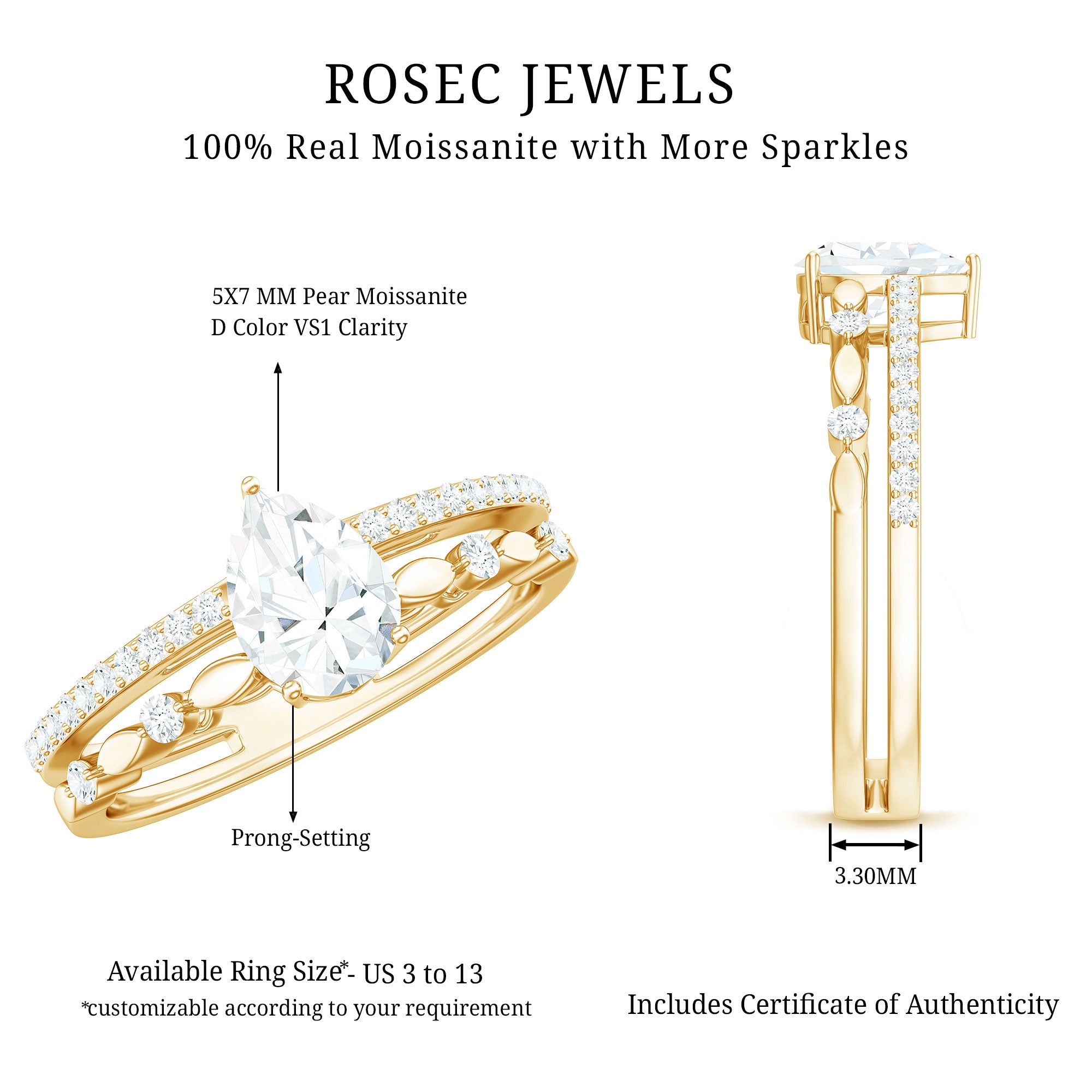 Pear Shaped Moissanite Double Band Engagement Ring D-VS1 - Rosec Jewels