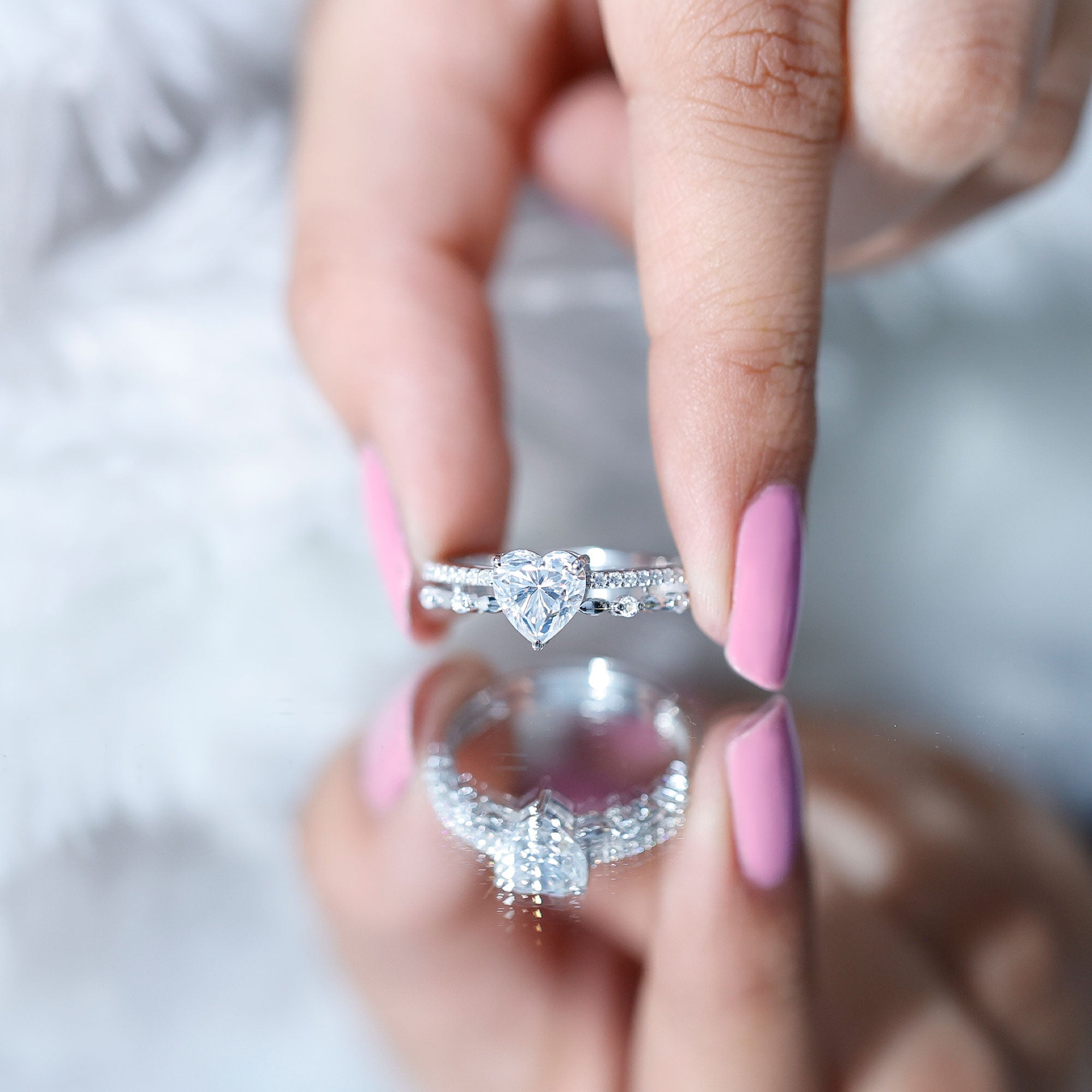 7 mm Heart Moissanite Solitaire Double Band Ring Set D-VS1 - Rosec Jewels