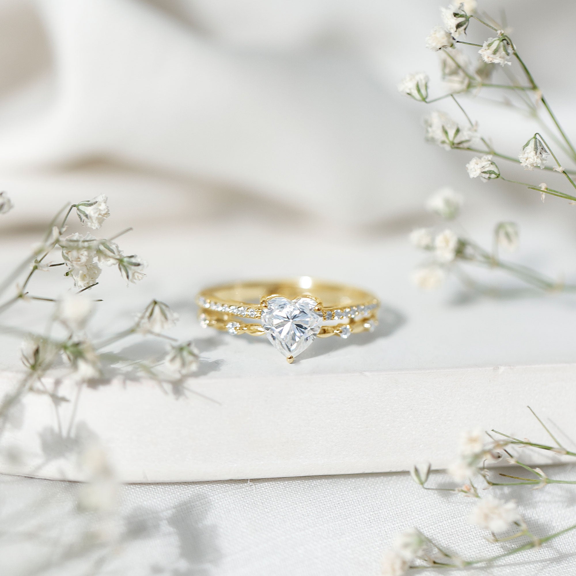 7 mm Heart Moissanite Solitaire Double Band Ring Set D-VS1 - Rosec Jewels