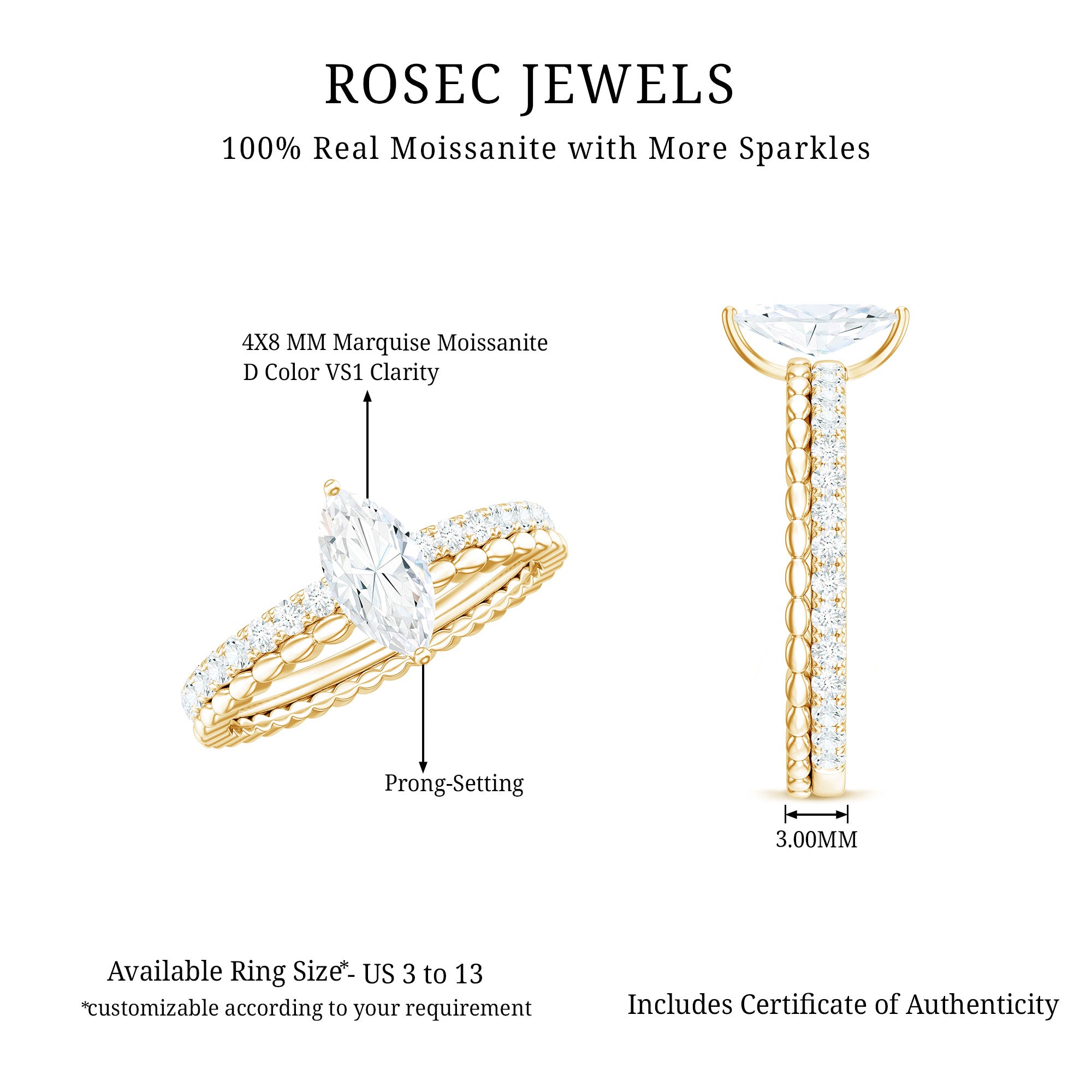 Marquise Cut Moissanite Solitaire Engagement Ring D-VS1 - Rosec Jewels