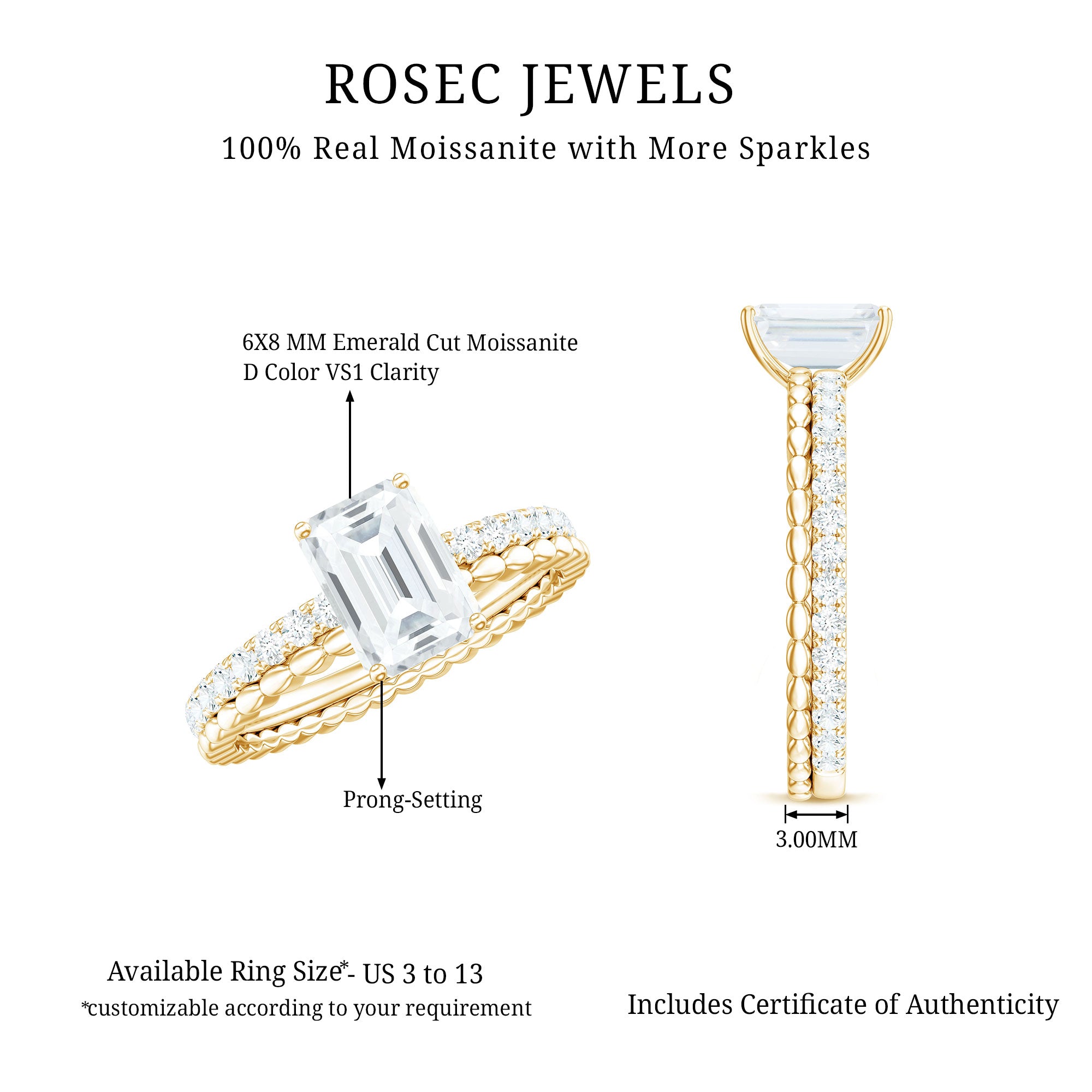 Certified 6X8mm Emerald Cut Moissanite Solitaire Engagement Ring D-VS1 - Rosec Jewels
