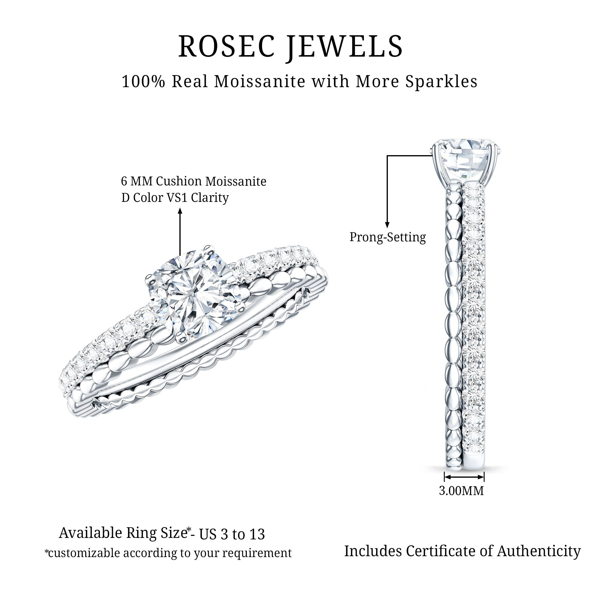 Rosec Jewels-6mm Certified Cushion Cut Moissanite Solitaire Engagement Ring
