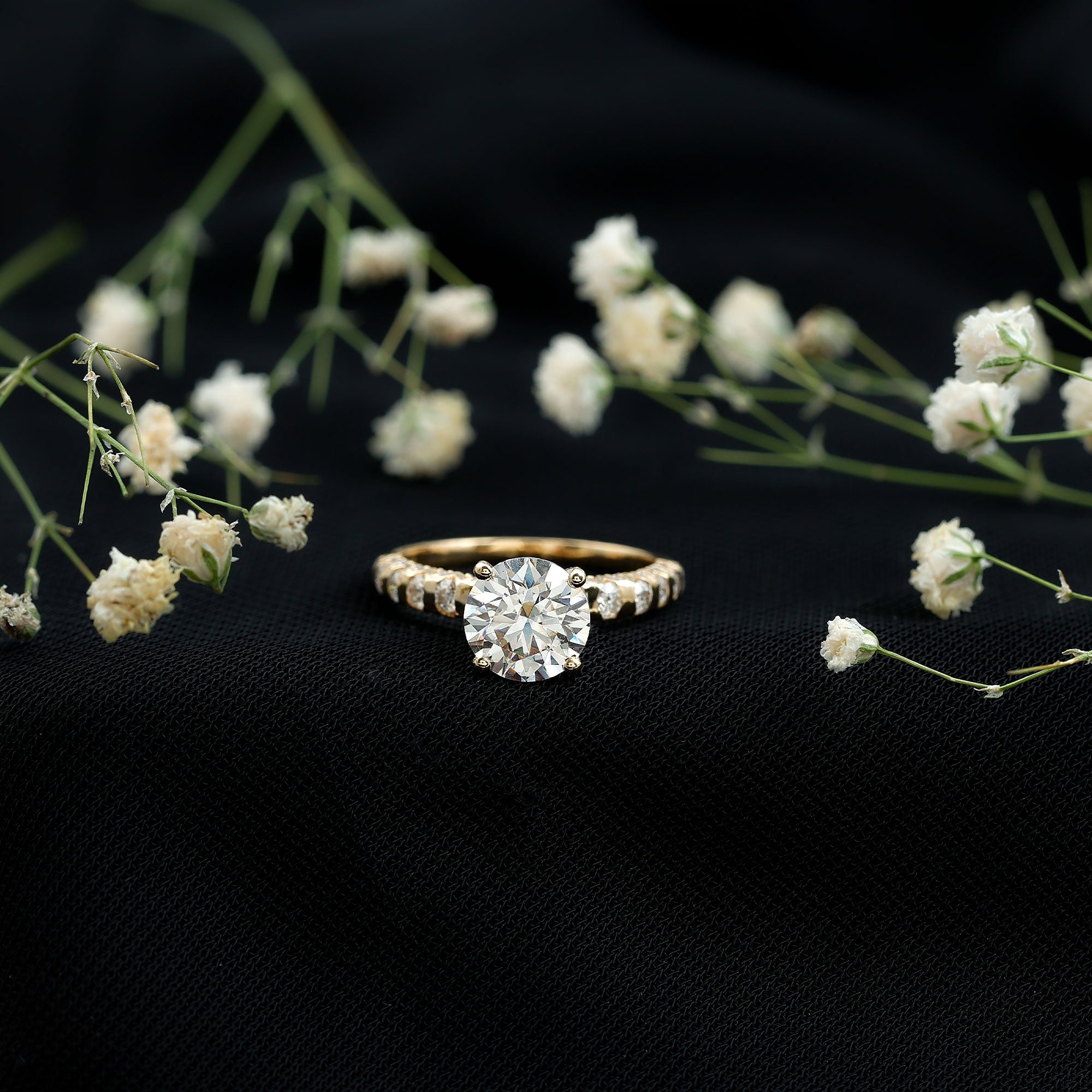 Rosec Jewels-Round Cut Moissanite Solitaire Engagement Ring with Side Stones