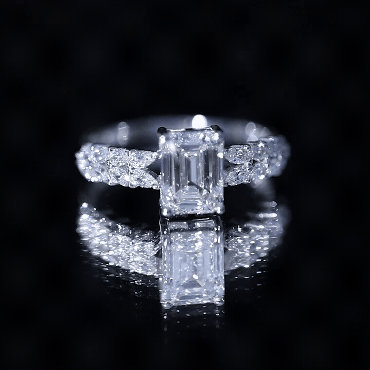 Certified Moissanite Emerald Cut Engagement Ring with Side Stones D-VS1 - Rosec Jewels