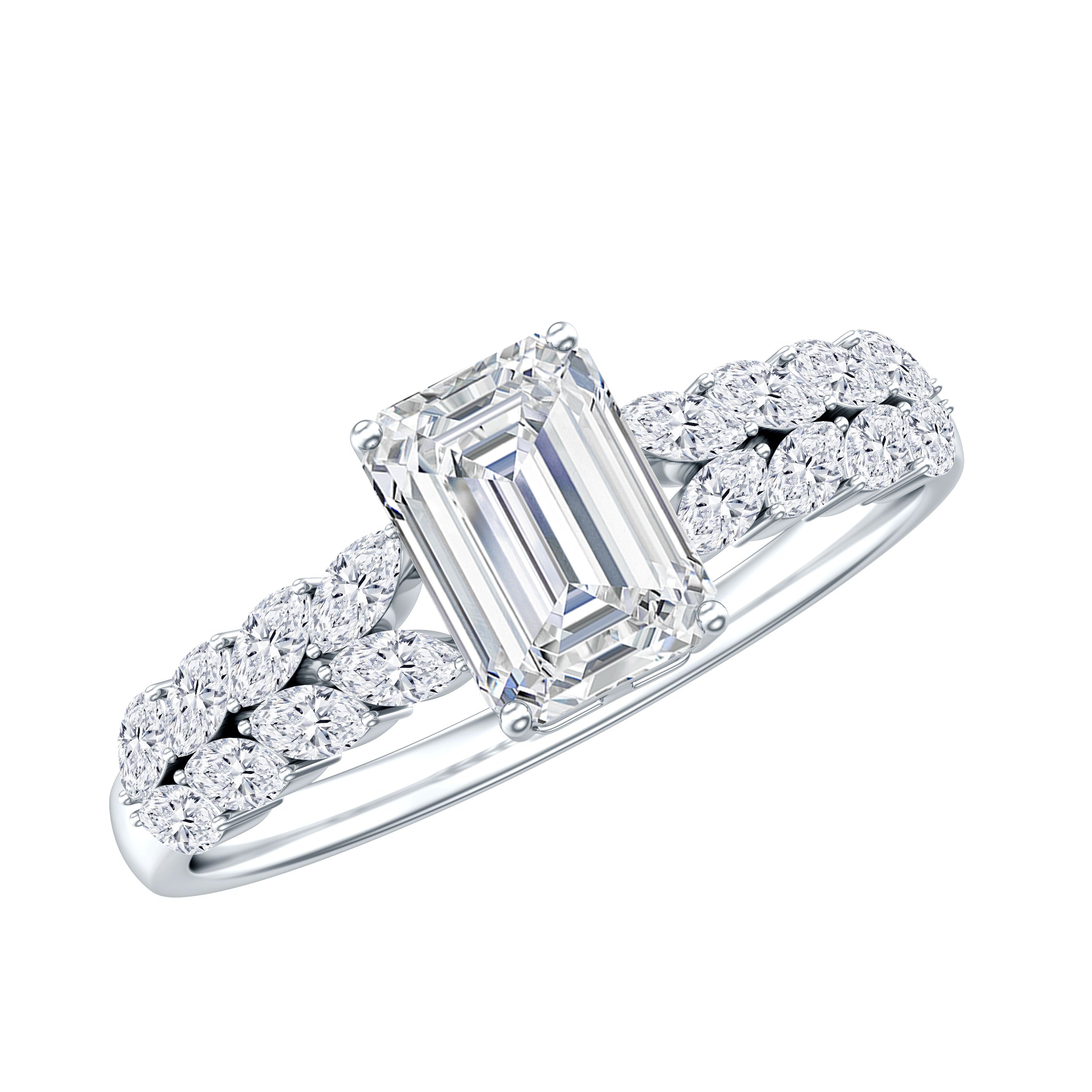 Certified Moissanite Emerald Cut Engagement Ring with Side Stones D-VS1 - Rosec Jewels