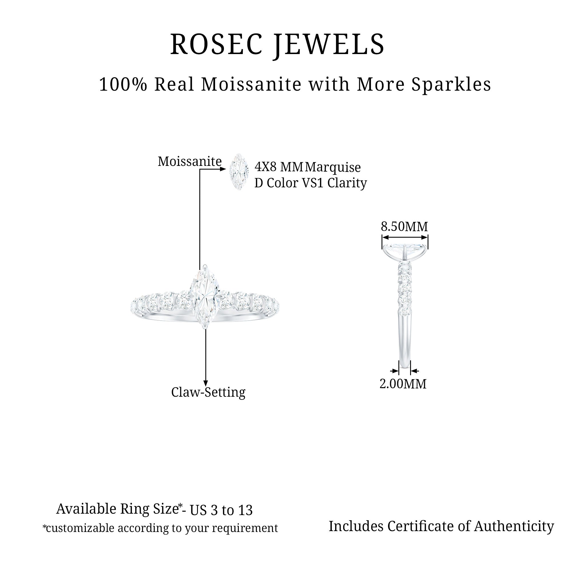 Marquise Moissanite Solitaire Engagement Ring with Side Stones Moissanite - ( D-VS1 ) - Color and Clarity - Rosec Jewels
