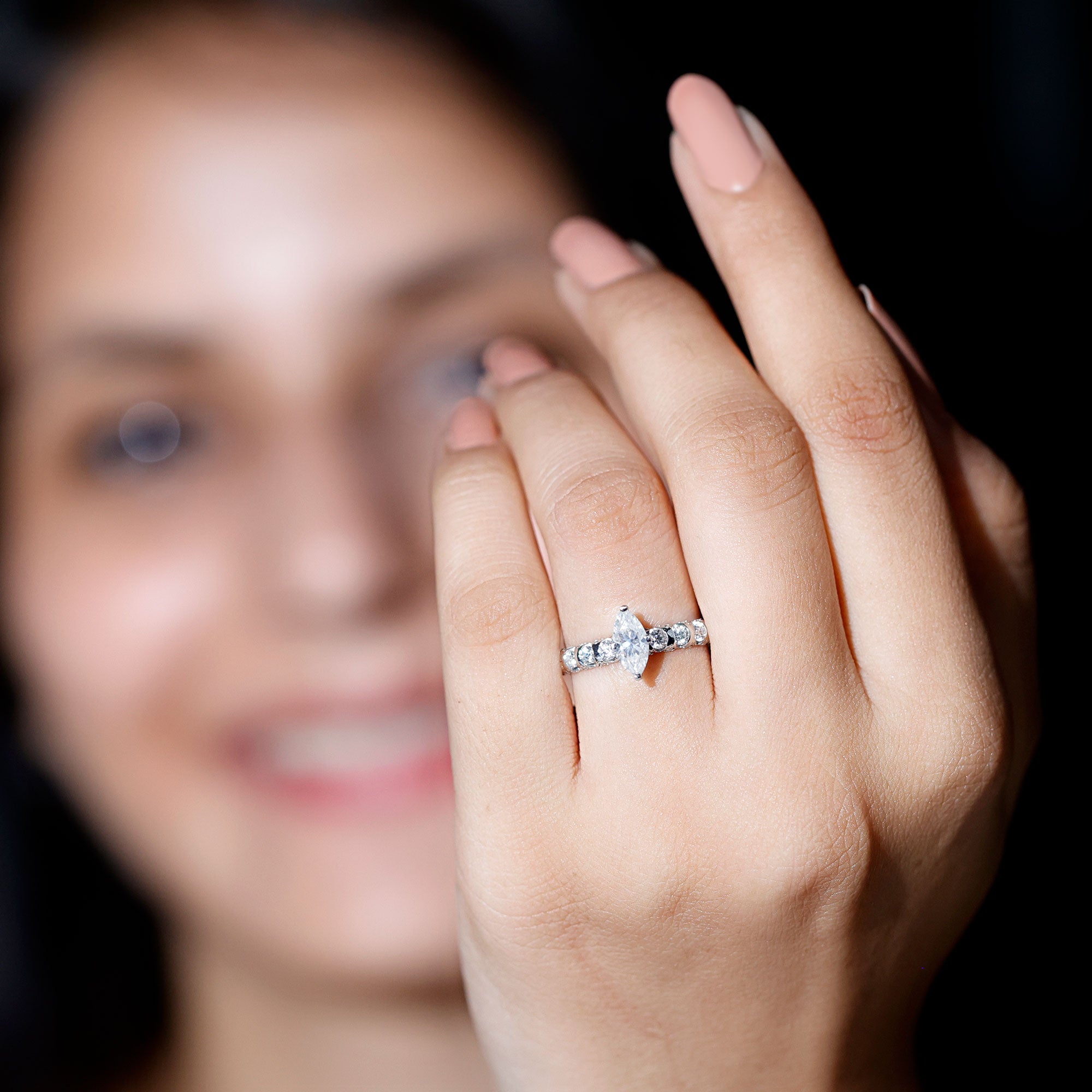 Marquise Moissanite Solitaire Engagement Ring with Side Stones D-VS1 - Rosec Jewels