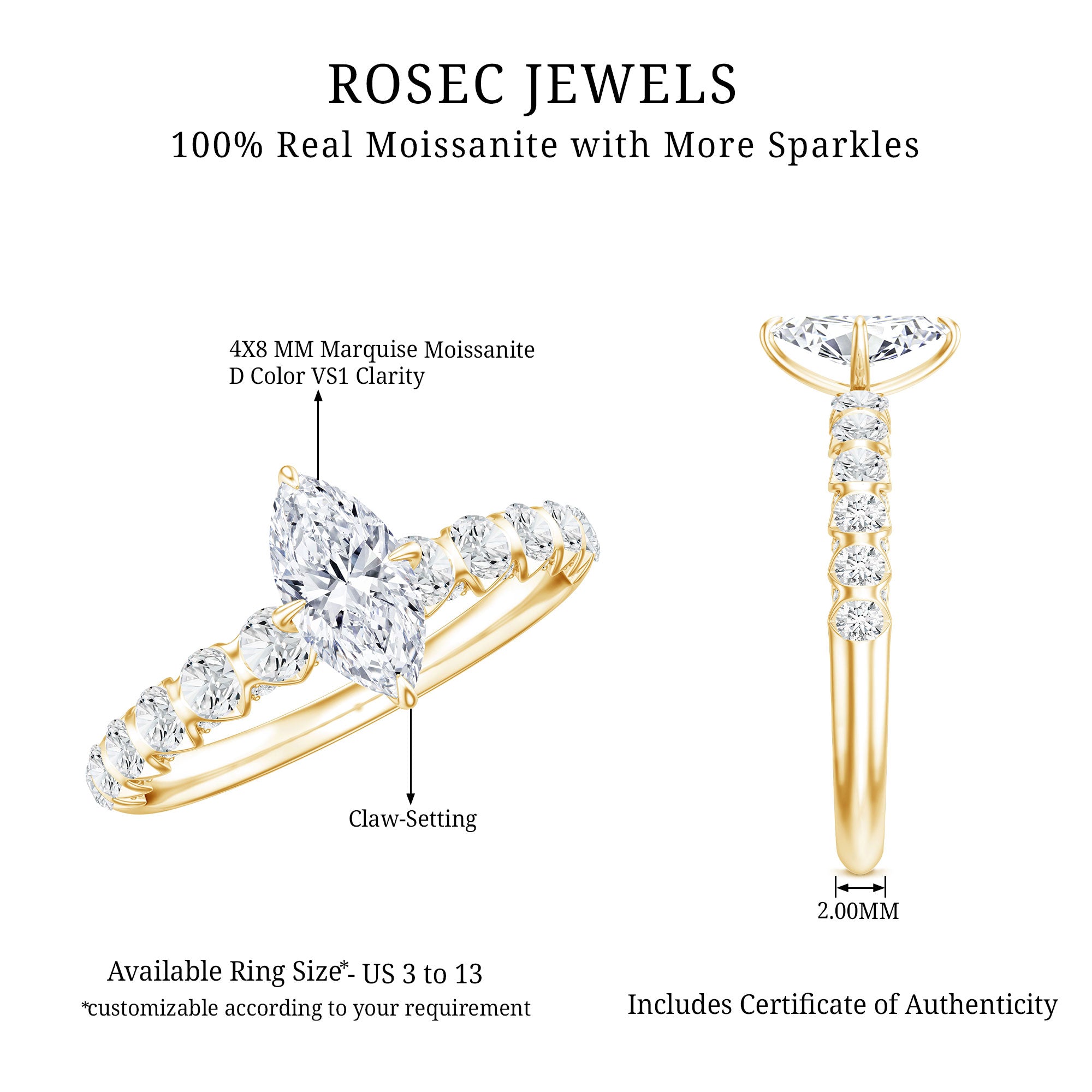Marquise Moissanite Solitaire Engagement Ring with Side Stones D-VS1 - Rosec Jewels