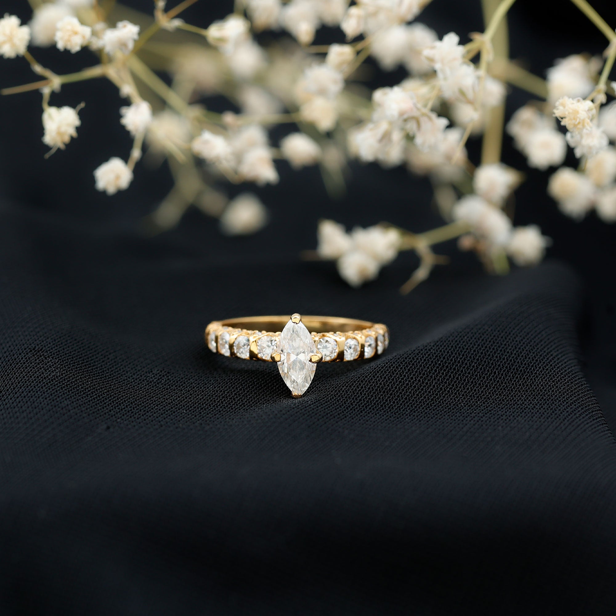Marquise Moissanite Solitaire Engagement Ring with Side Stones D-VS1 - Rosec Jewels