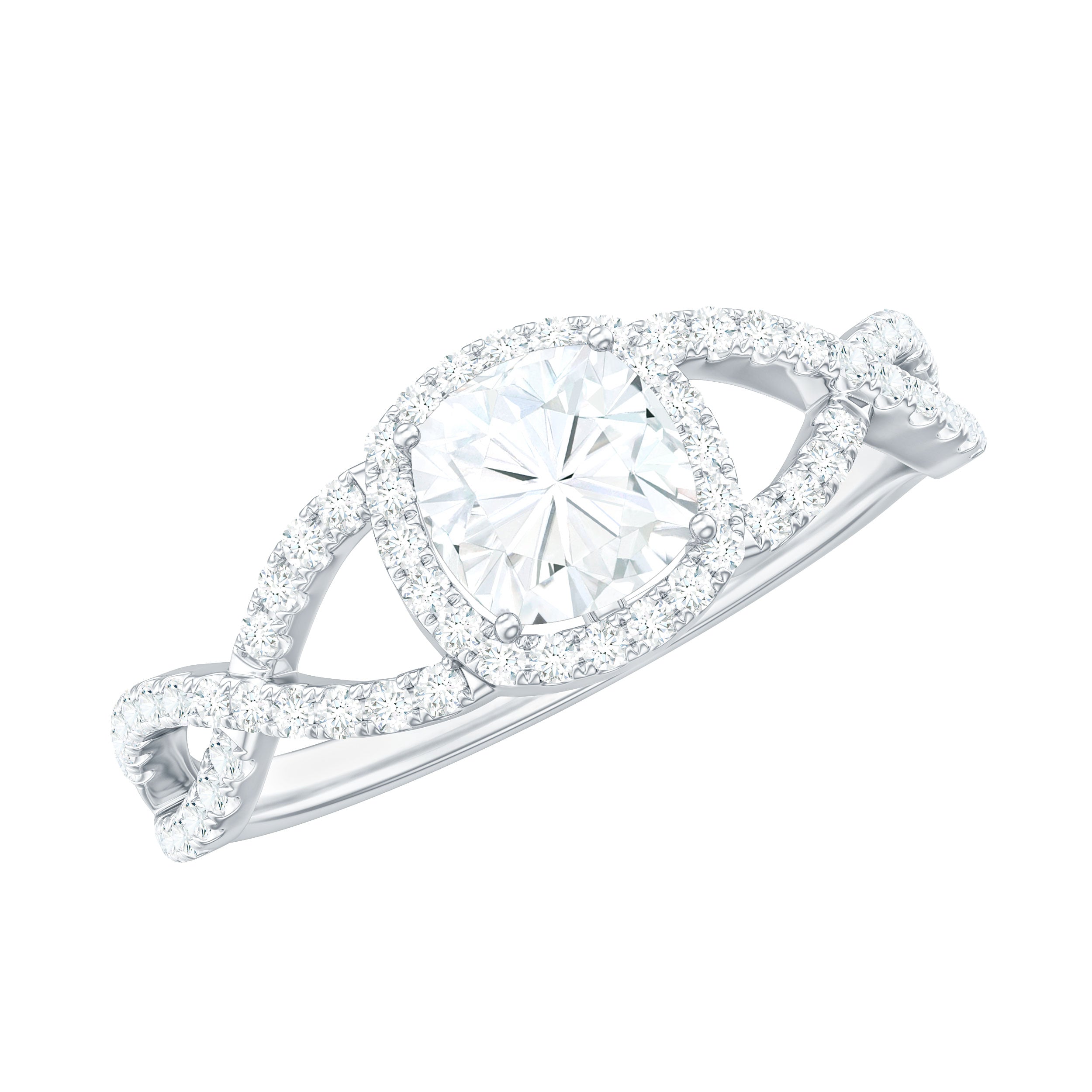 6mm Cushion Cut Moissanite Halo Engagement Ring with Crossover Shank