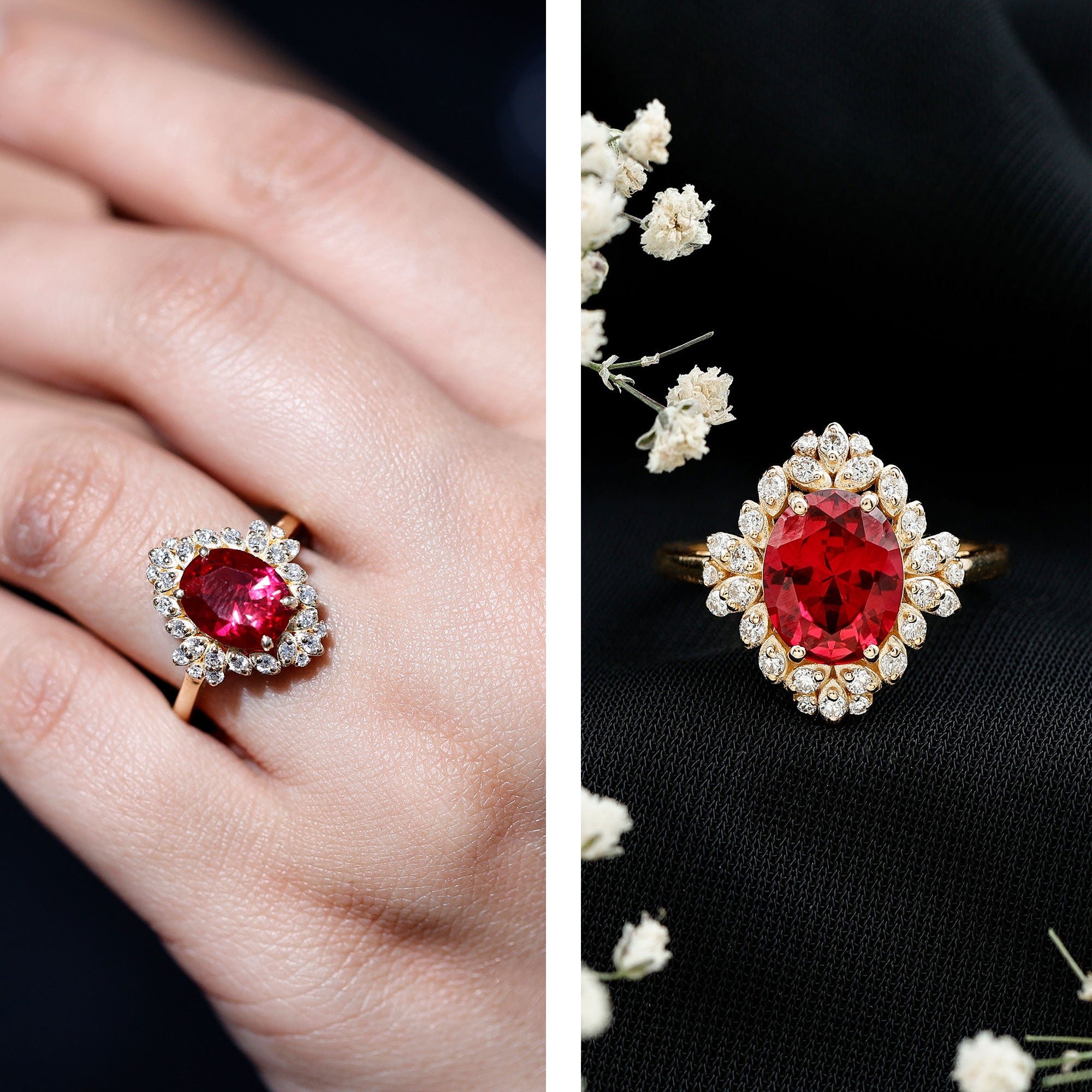Vintage Inspired Lab Grown Ruby and Diamond Engagement Ring AAAA - Rosec Jewels