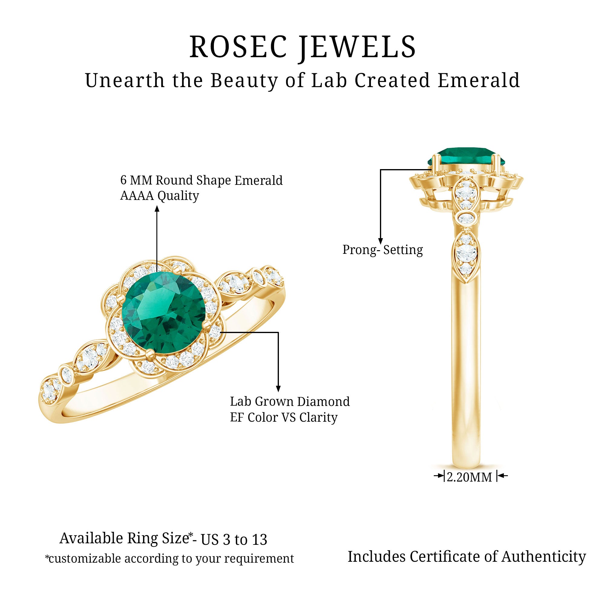 Rosec Jewels-Lab Grown Emerald Art Deco Engagement Ring With Diamond