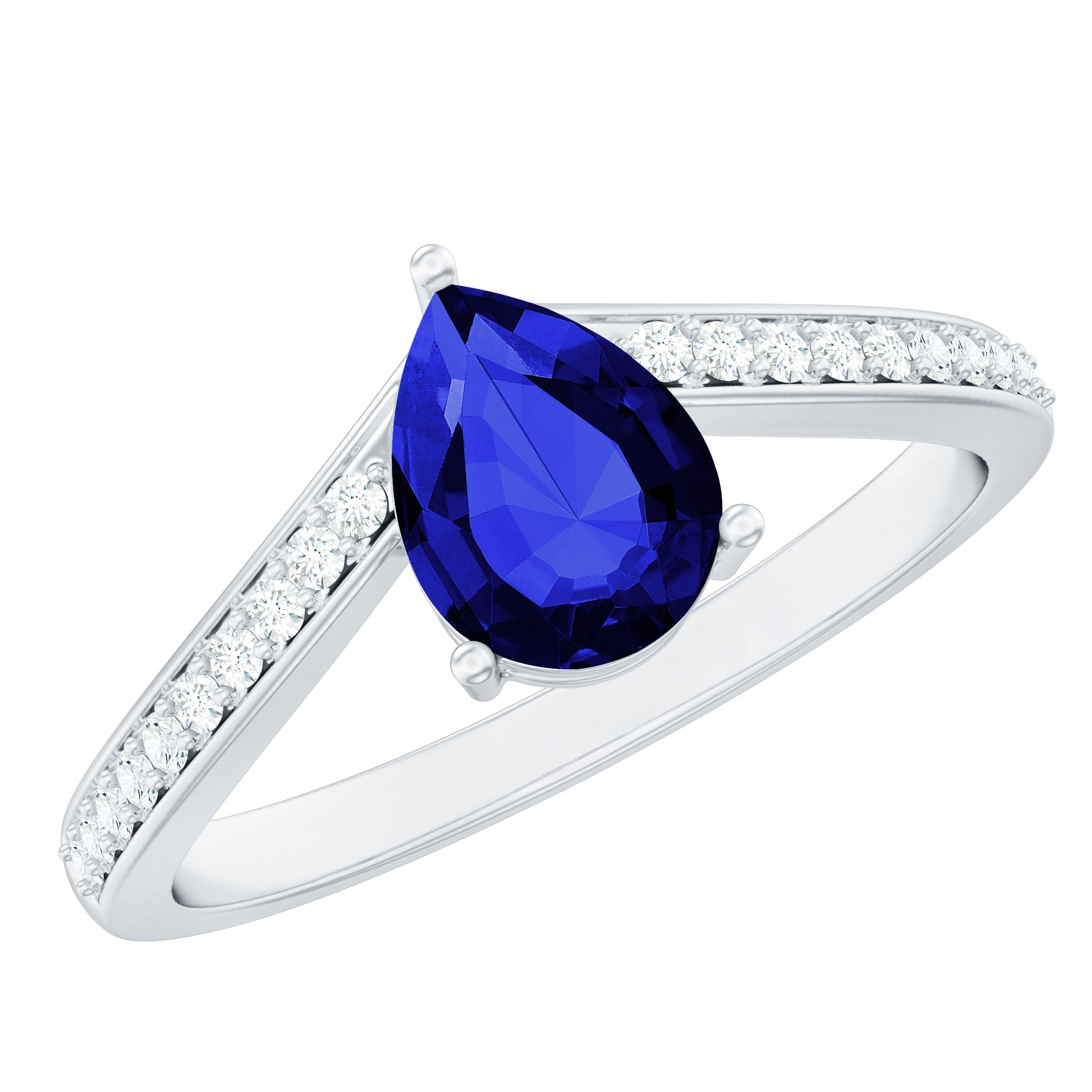 Certified 1.6 Carat Pear Shape Lab Grown Blue Sapphire Chevron Engagement Ring with Diamond AAAA - Rosec Jewels