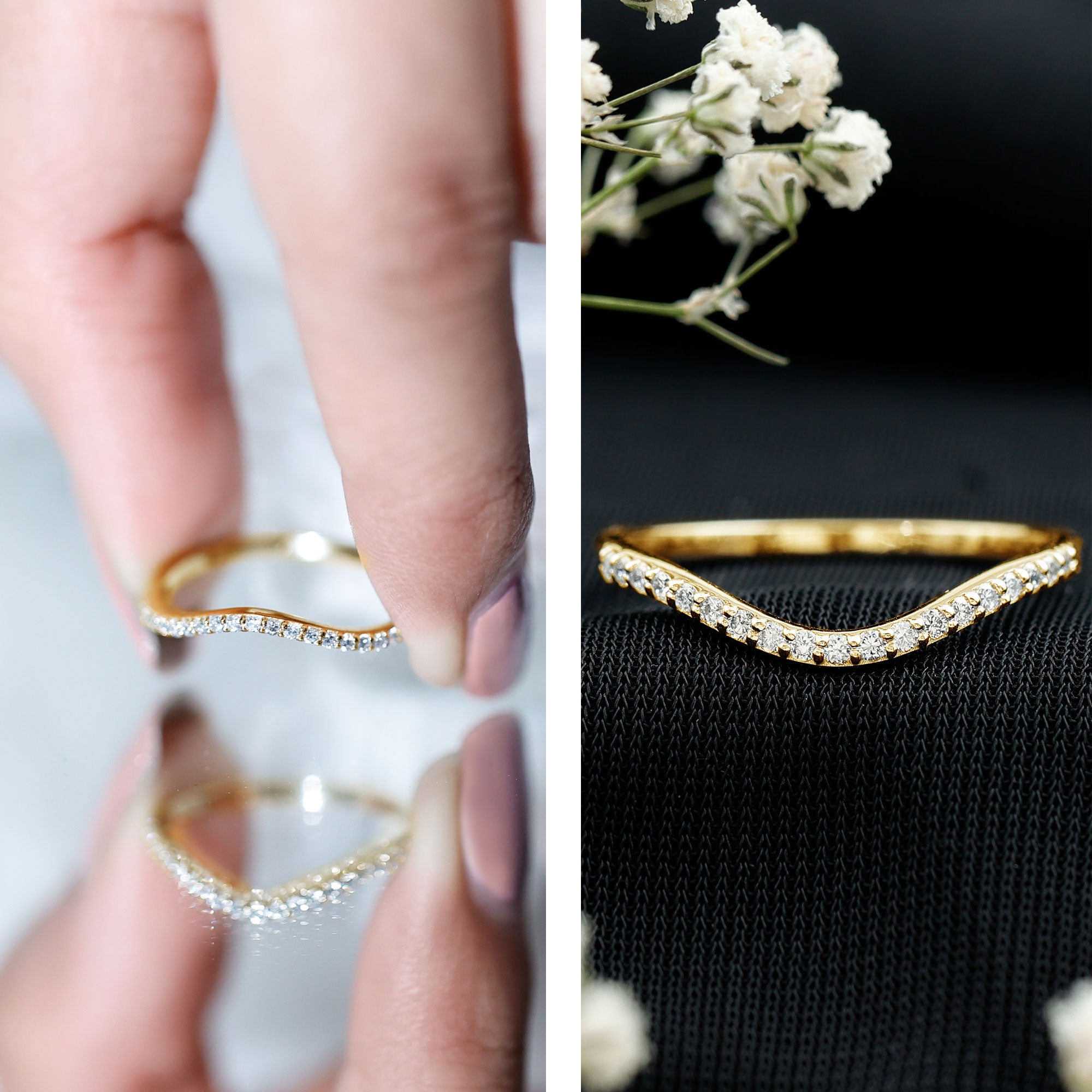 Lifestyle collage of a yellow gold curved lab grown diamond wedding band with close-up hand view and front-facing product shot.
