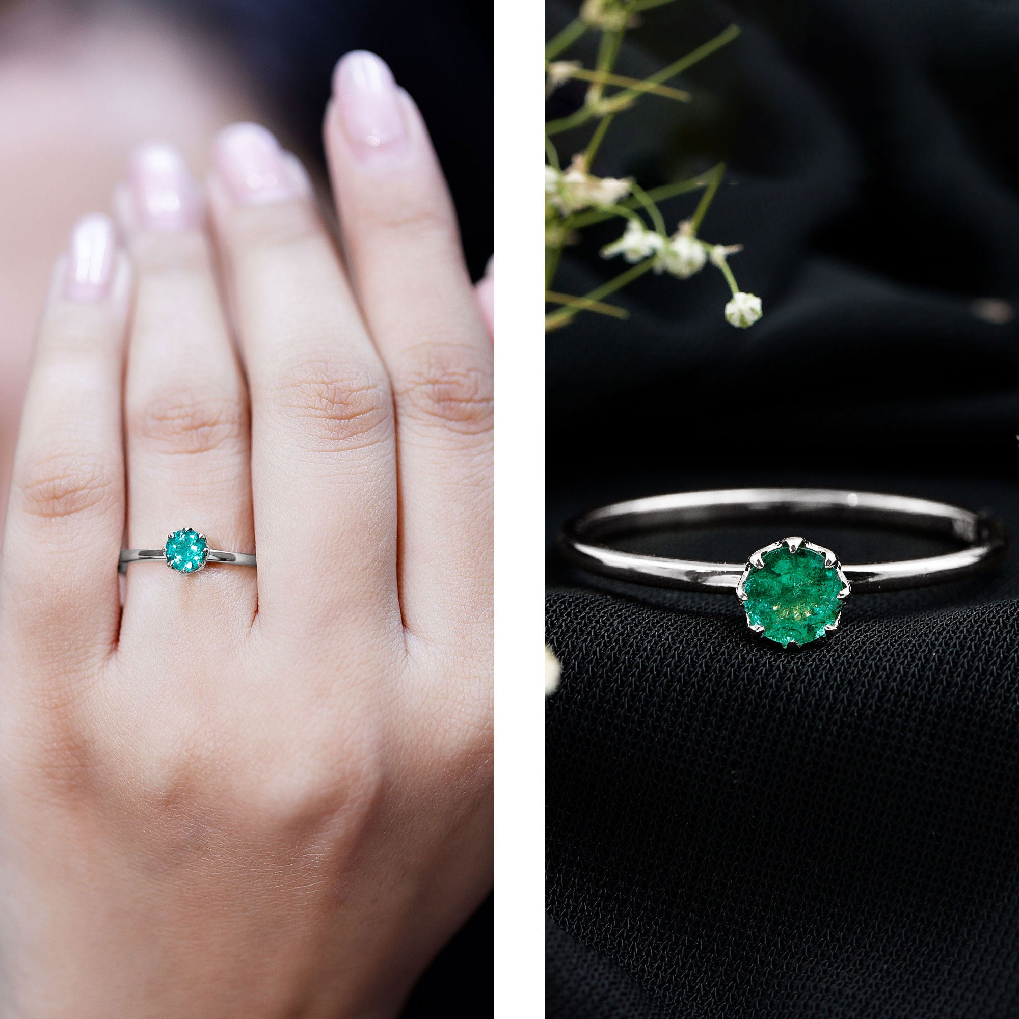 Natural Solitaire Emerald Promise Ring in Lotus Basket Setting AAA - Rosec Jewels