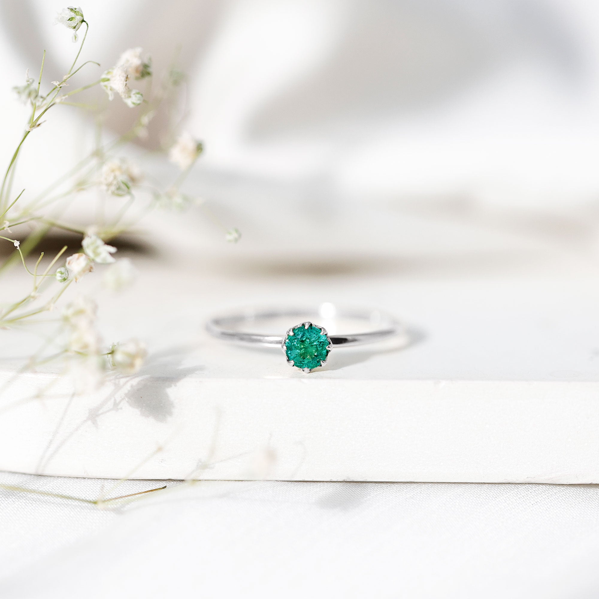 Natural Solitaire Emerald Promise Ring in Lotus Basket Setting AAA - Rosec Jewels